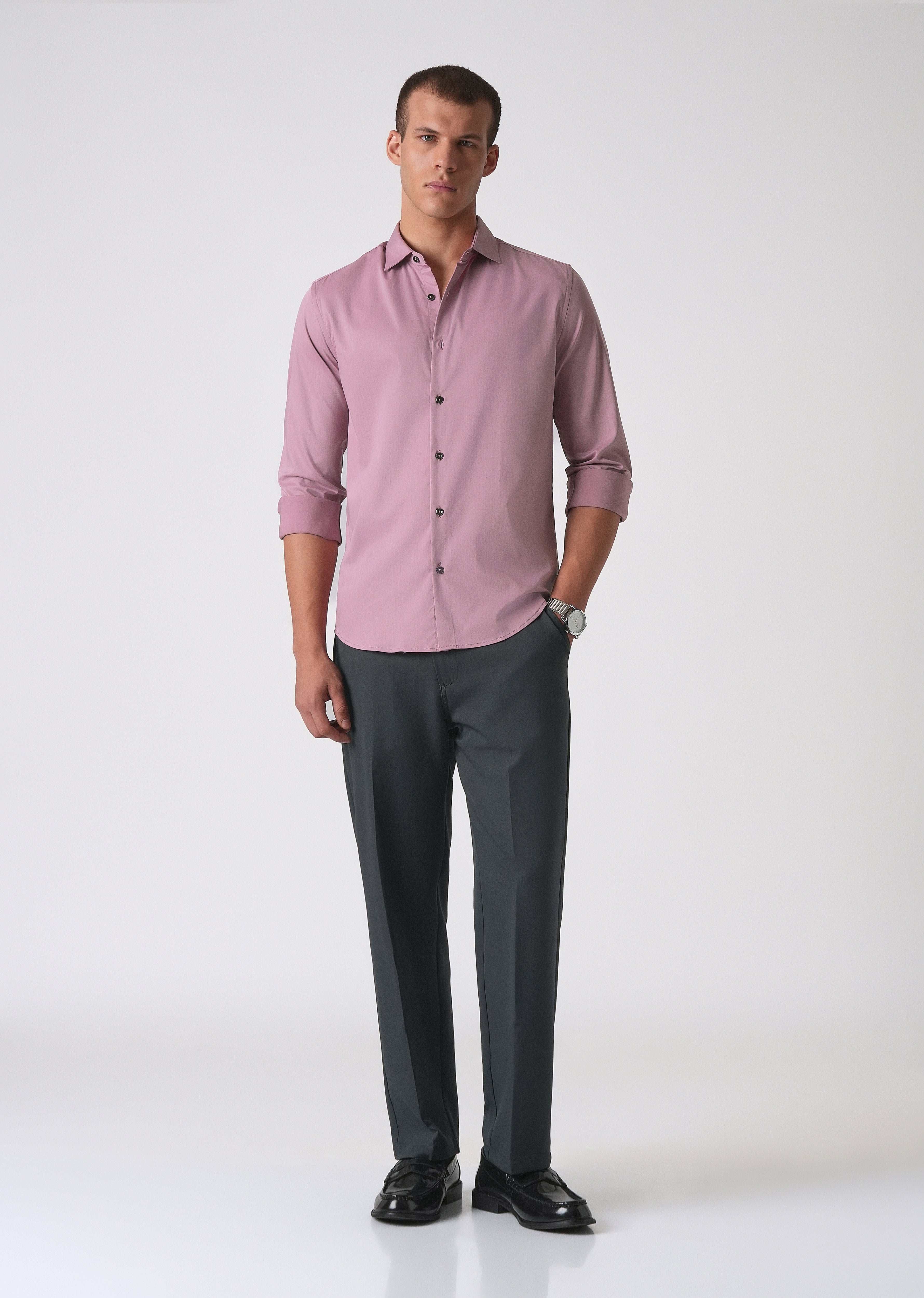 Nude Pink Cotton Stretch Plain Shirt