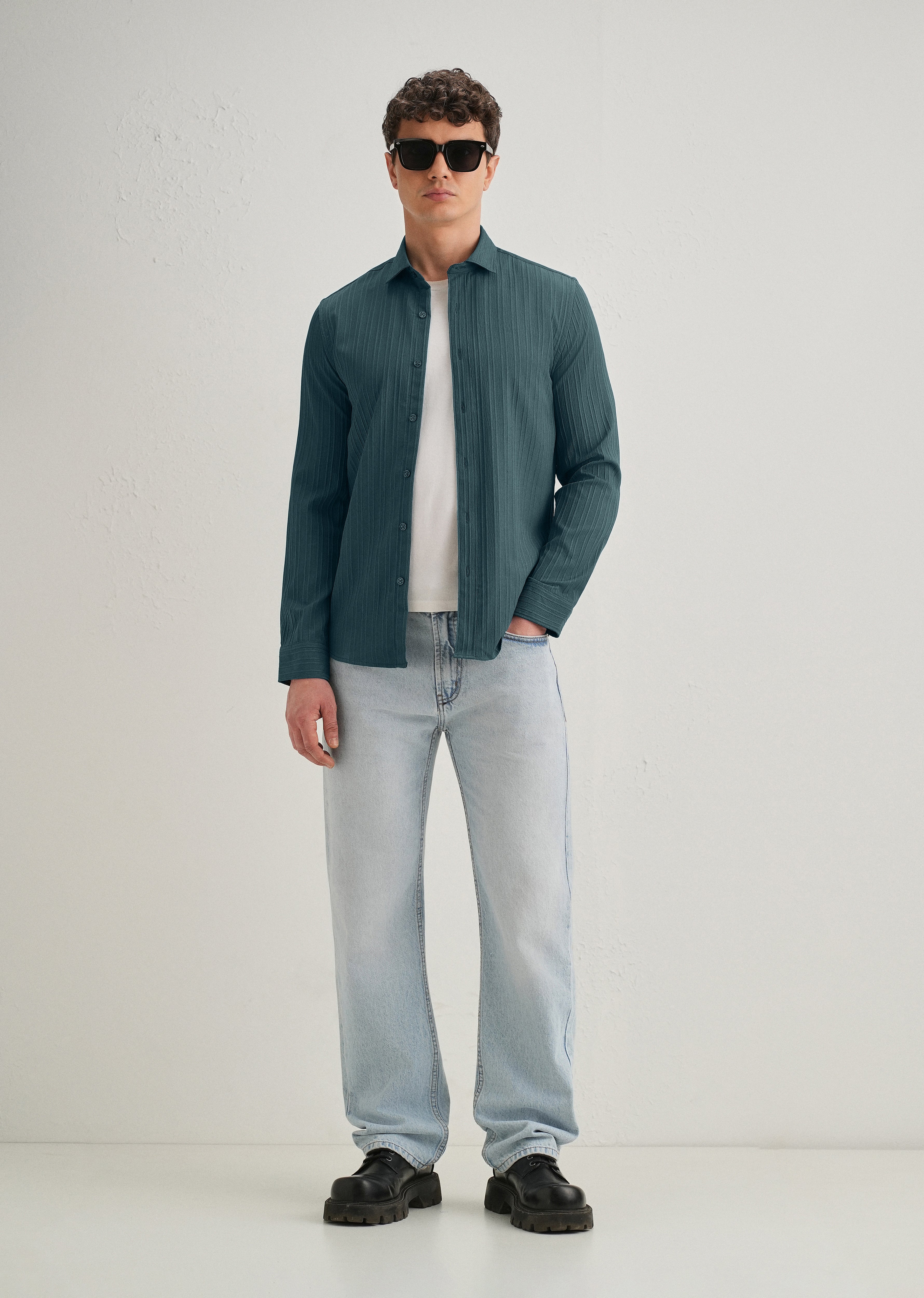 Ocean Green Plain Self Striped Shirt