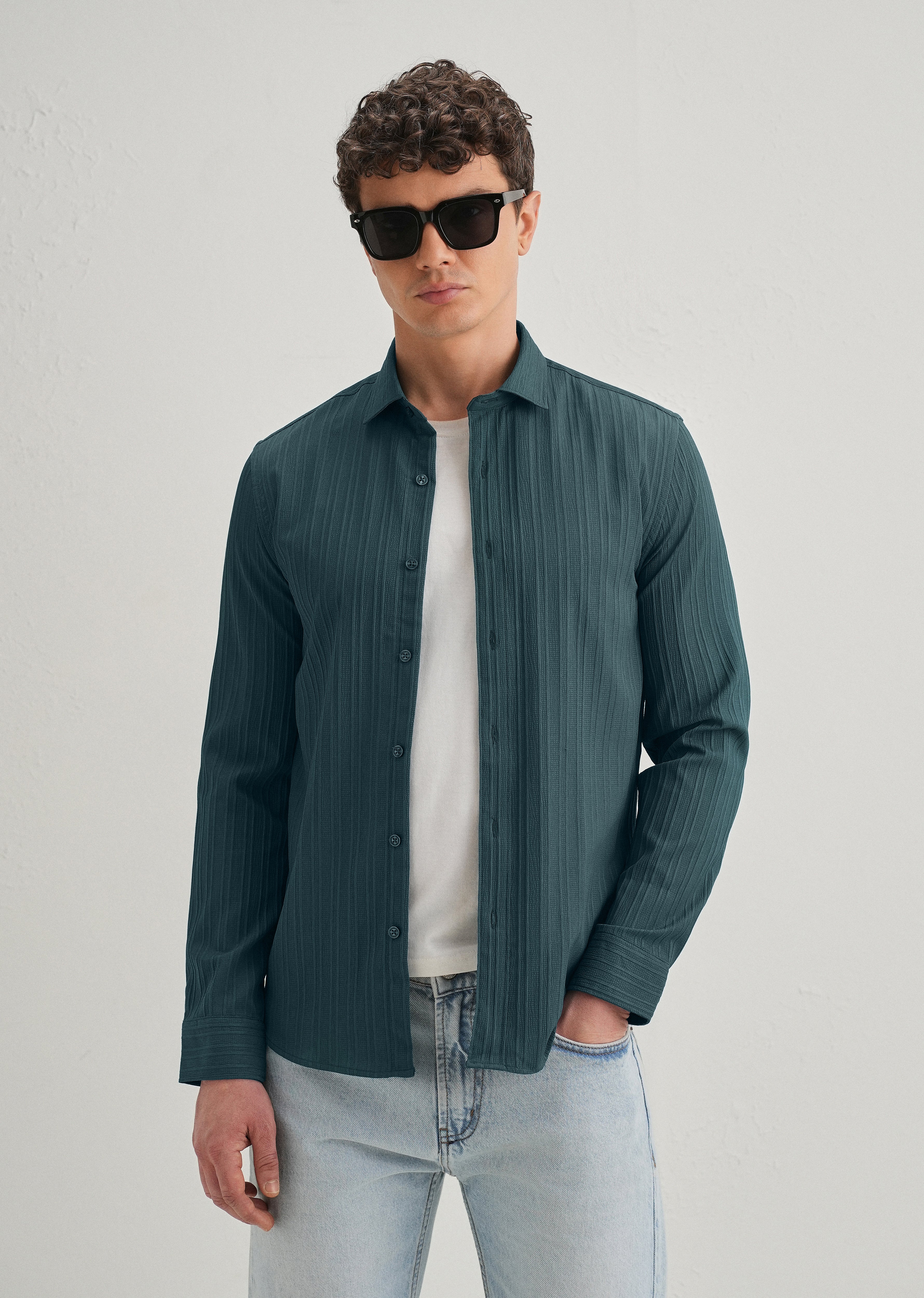 Ocean Green Plain Self Striped Shirt