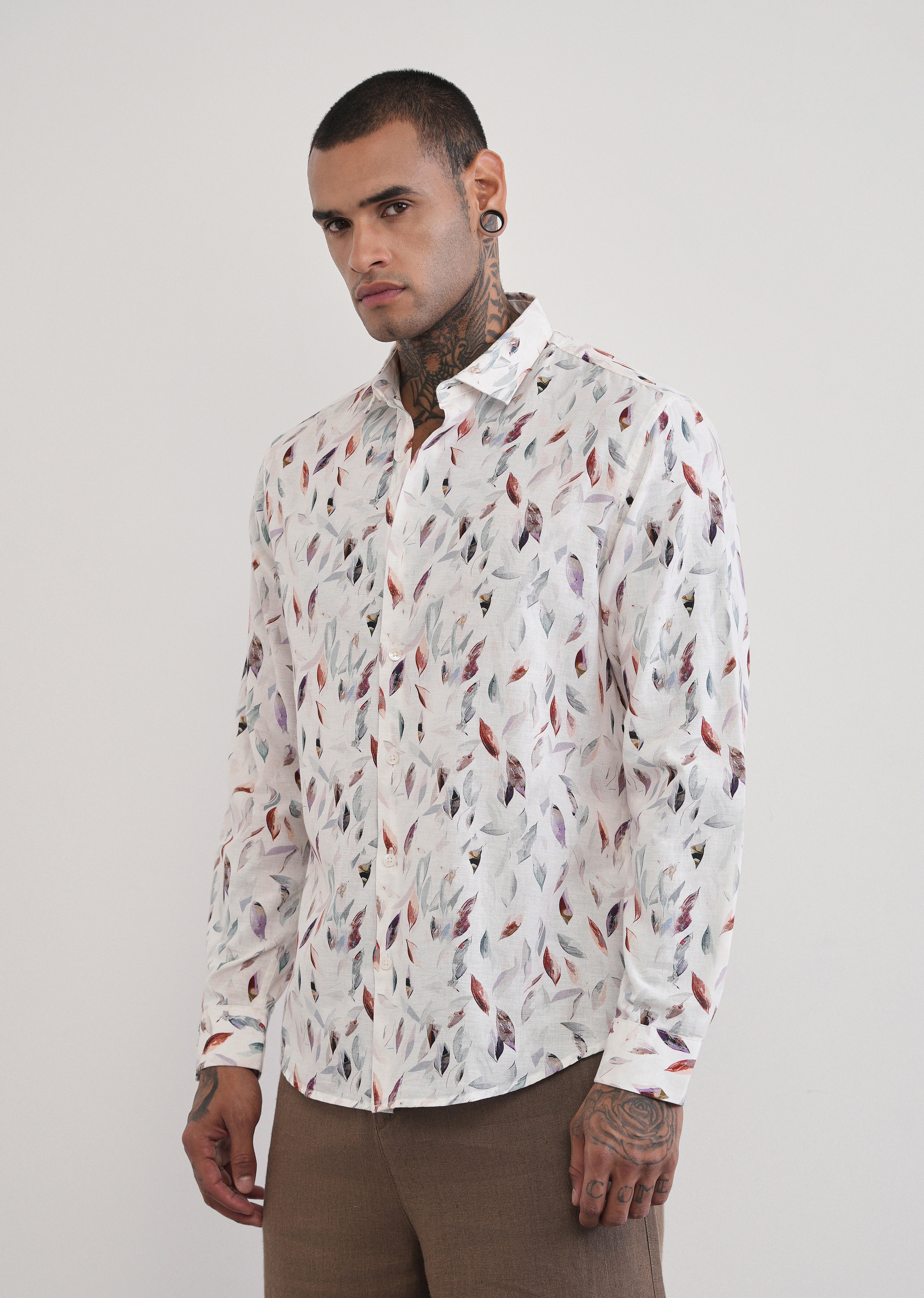 Off-White Leaf Print Cotton Linen Shirt