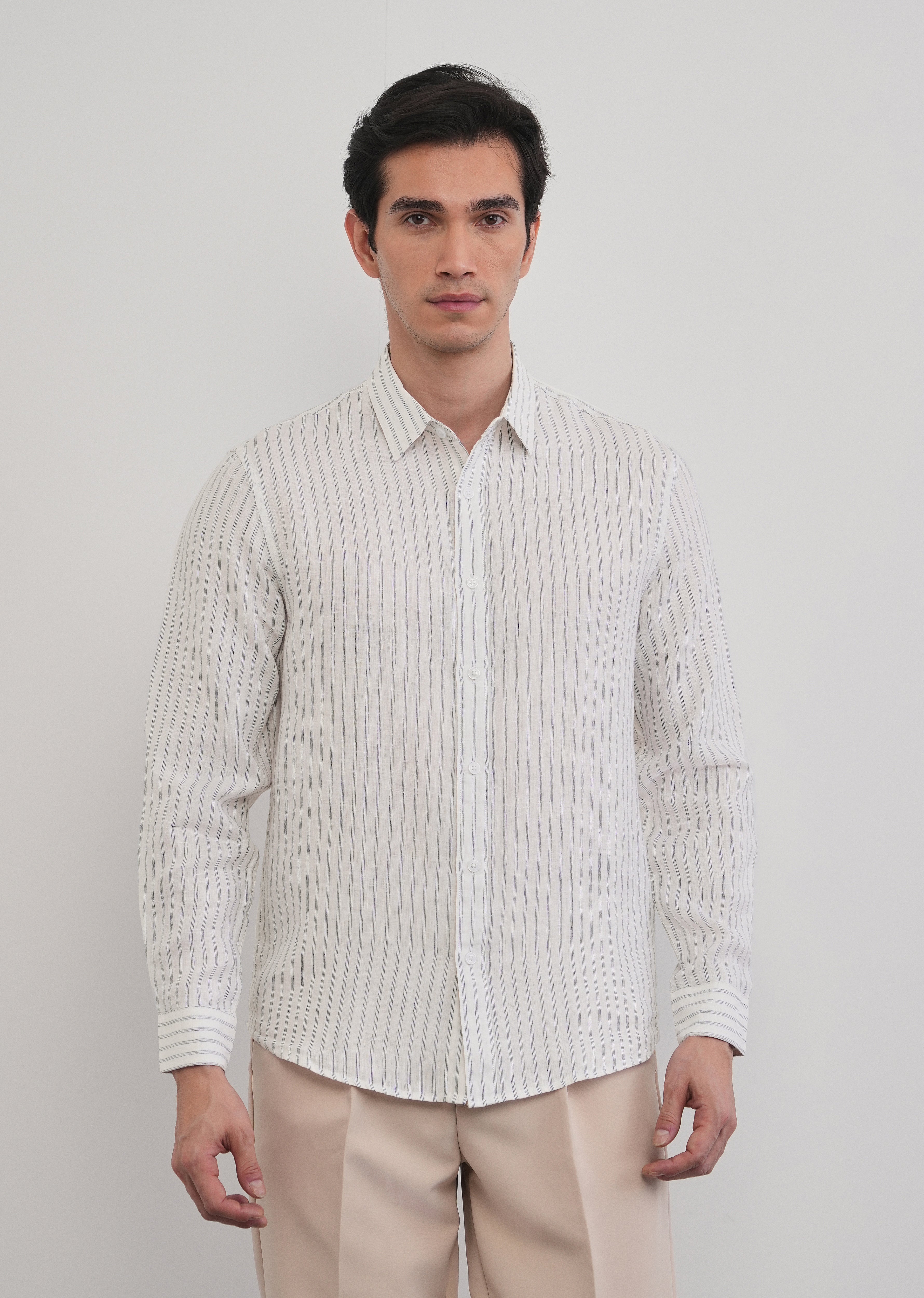 100% Linen Off-White Self-Stripe Shirt