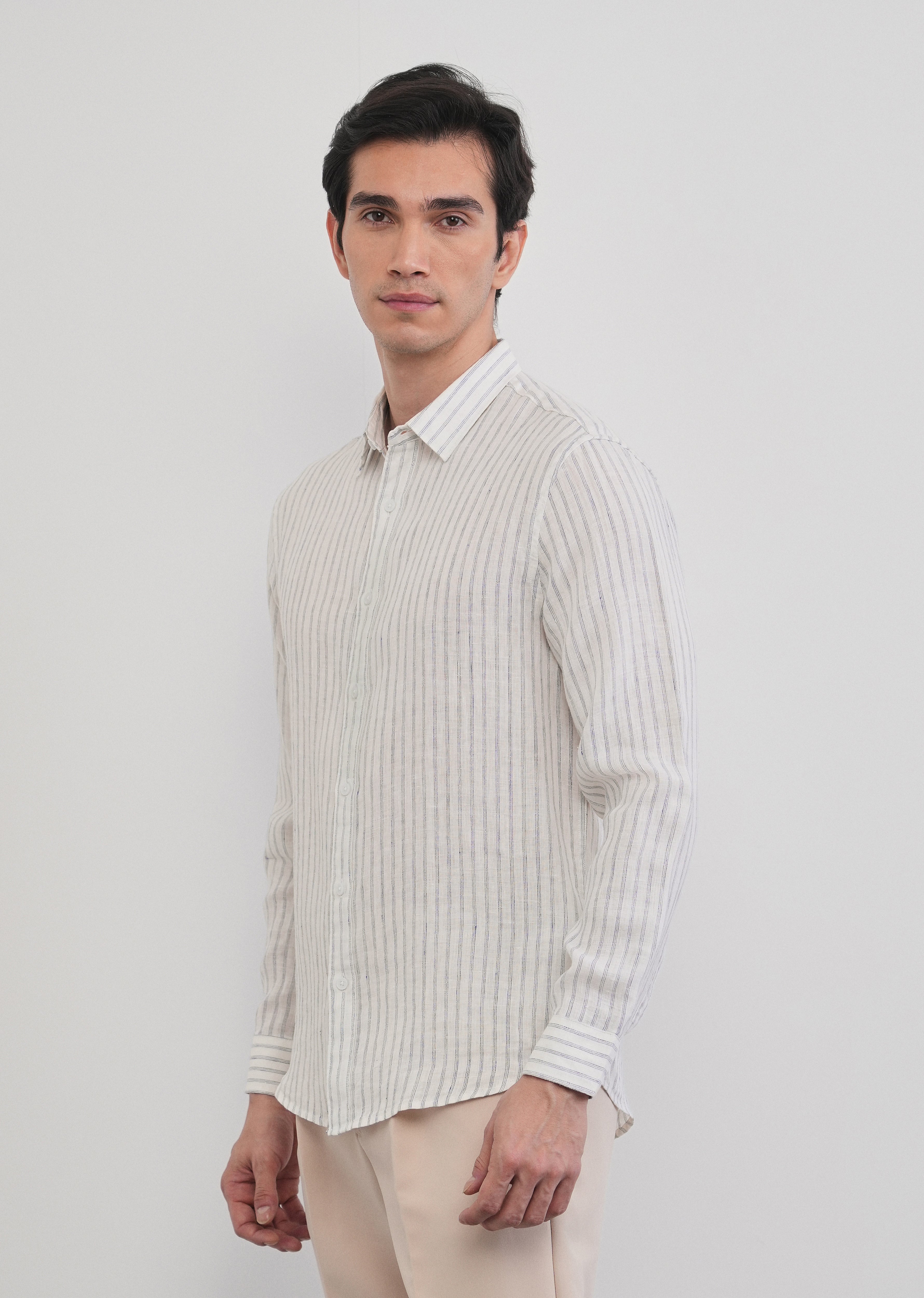 100% Linen Off-White Self-Stripe Shirt
