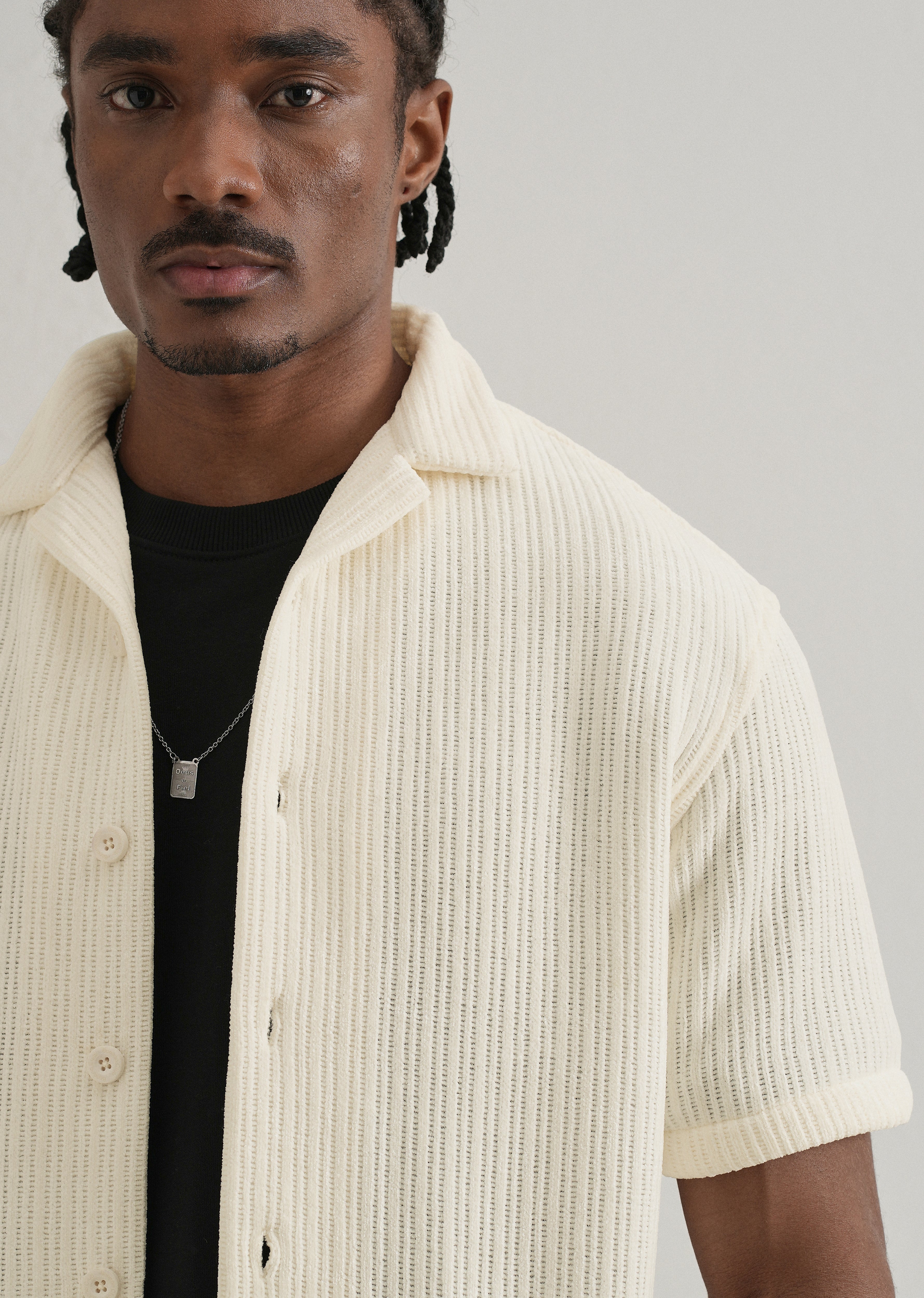 Ivory Suede Knit Cuban Collar Shirt
