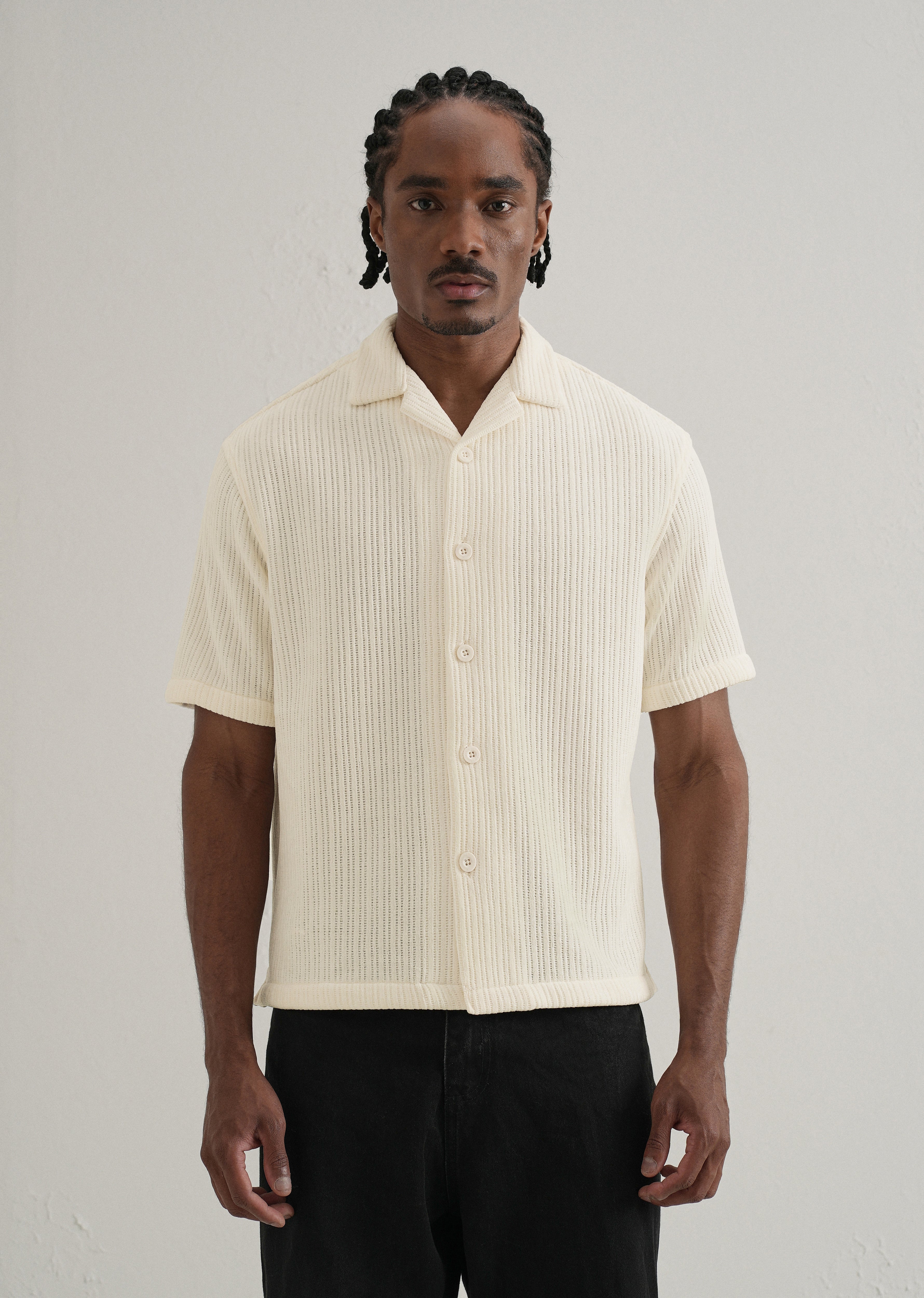 Ivory Suede Knit Cuban Collar Shirt