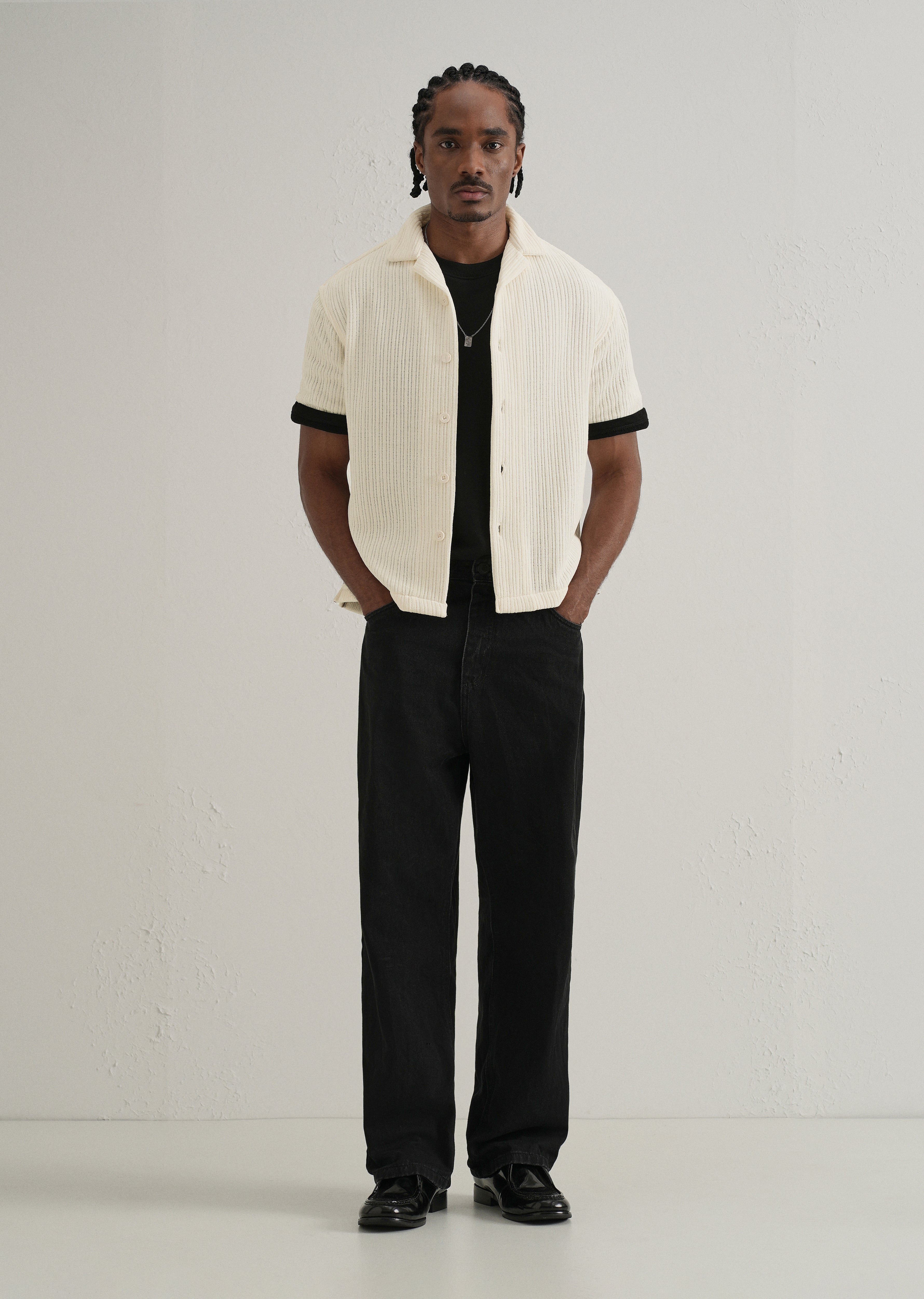 Ivory Suede Knit Cuban Collar Shirt