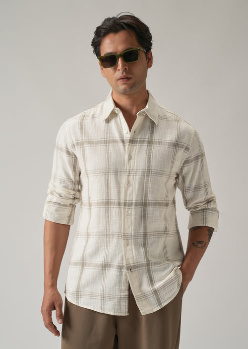 Off White Cotton Linen Check shirt