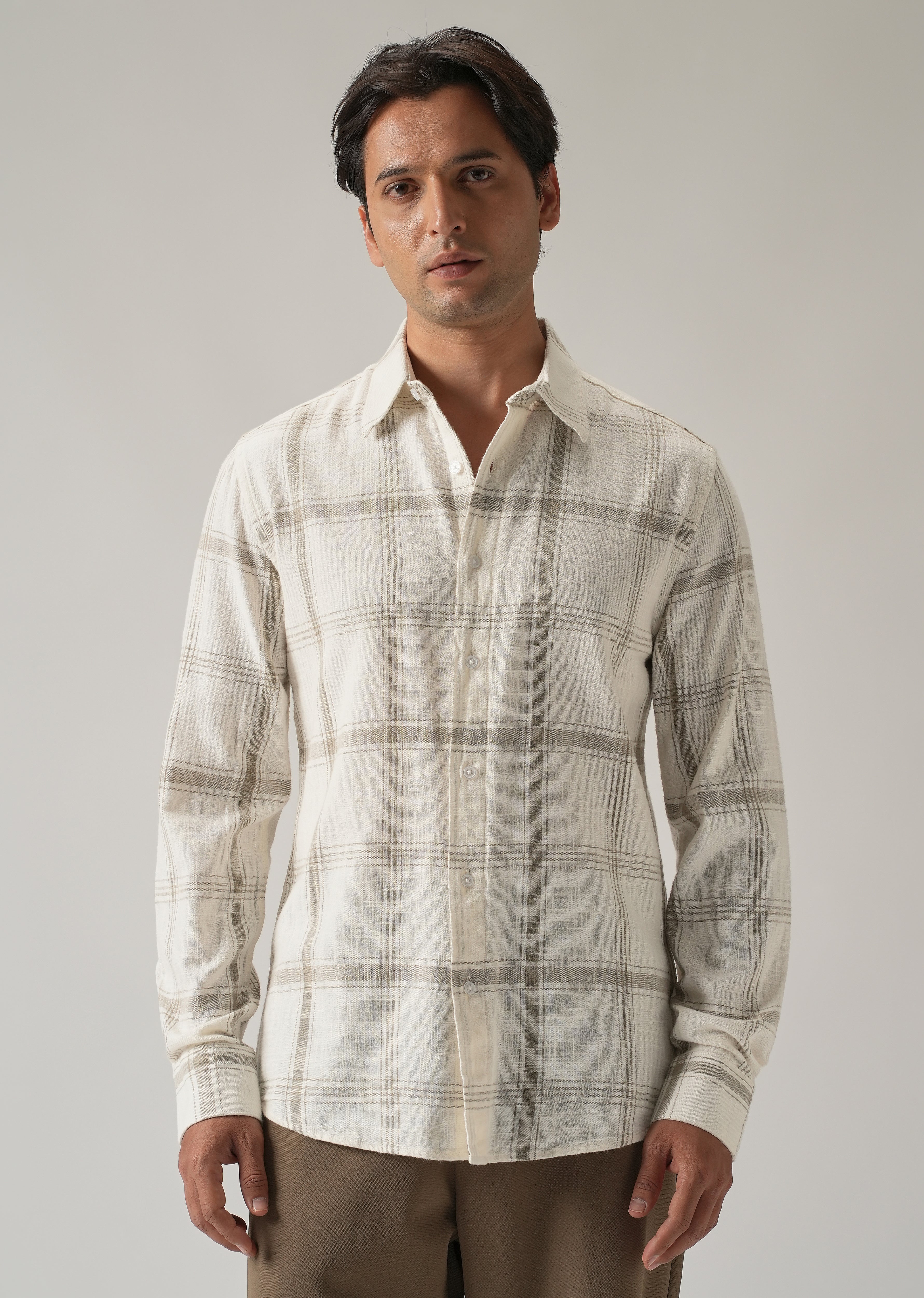 Off White Cotton Linen Check shirt