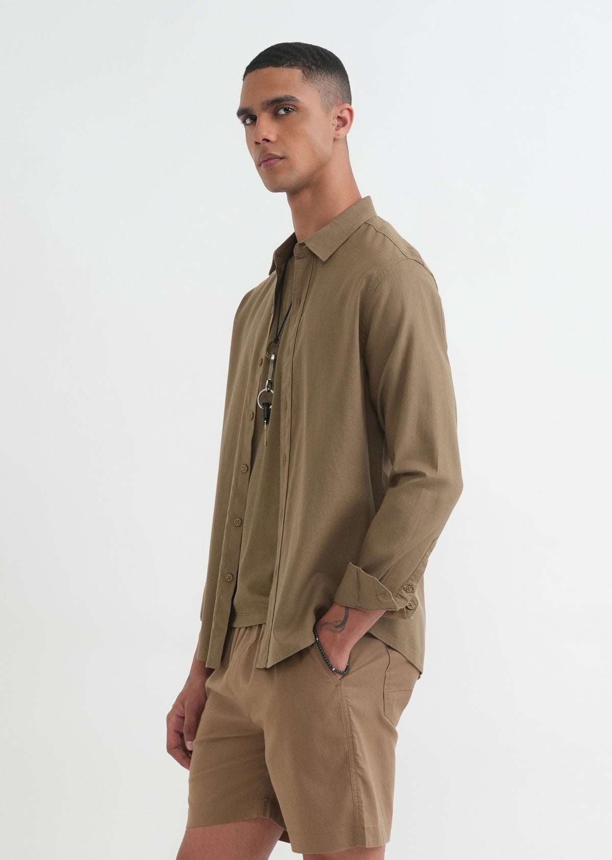 Olive Brown Cotton Blend Regular Fit Shirt