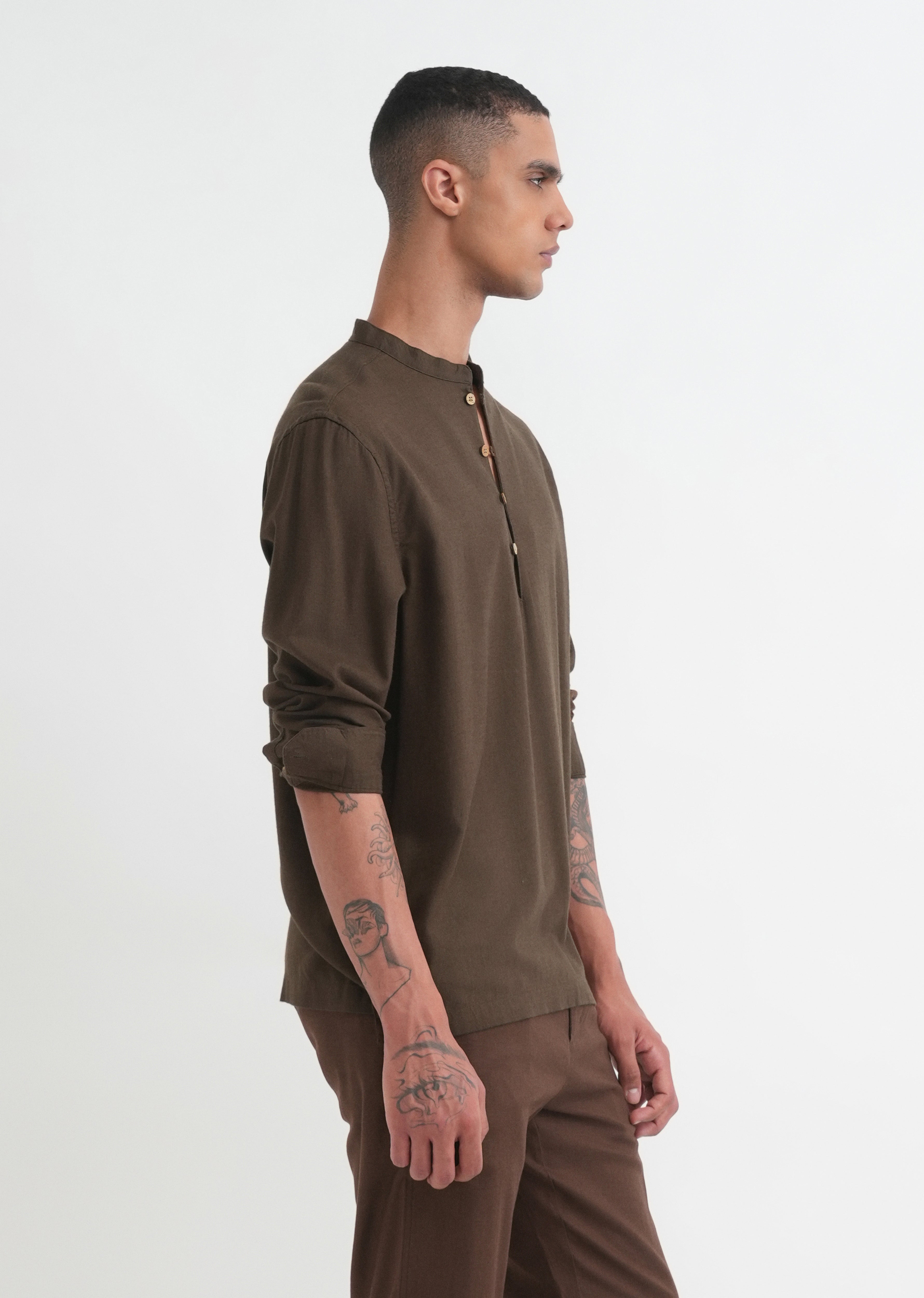Olive Brown Mandarin Collar Kurta Shirt