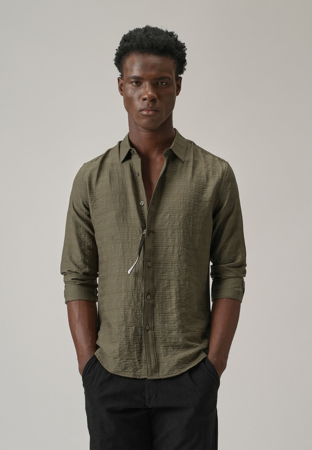 Olive Crushed Self Stripe Shirt
