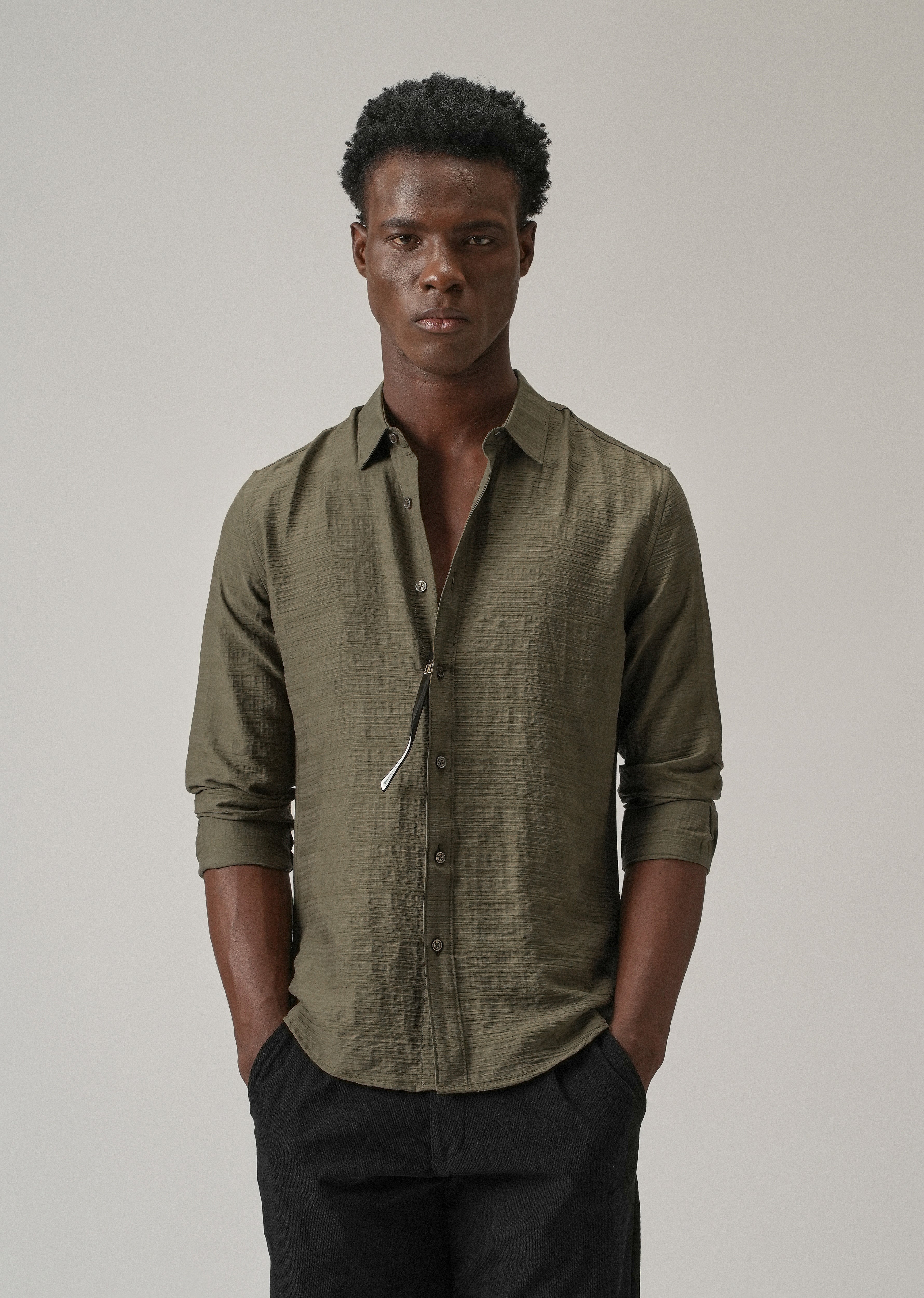 Olive Crushed Self Stripe Shirt