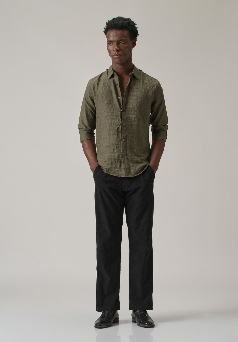 Olive Crushed Self Stripe Shirt