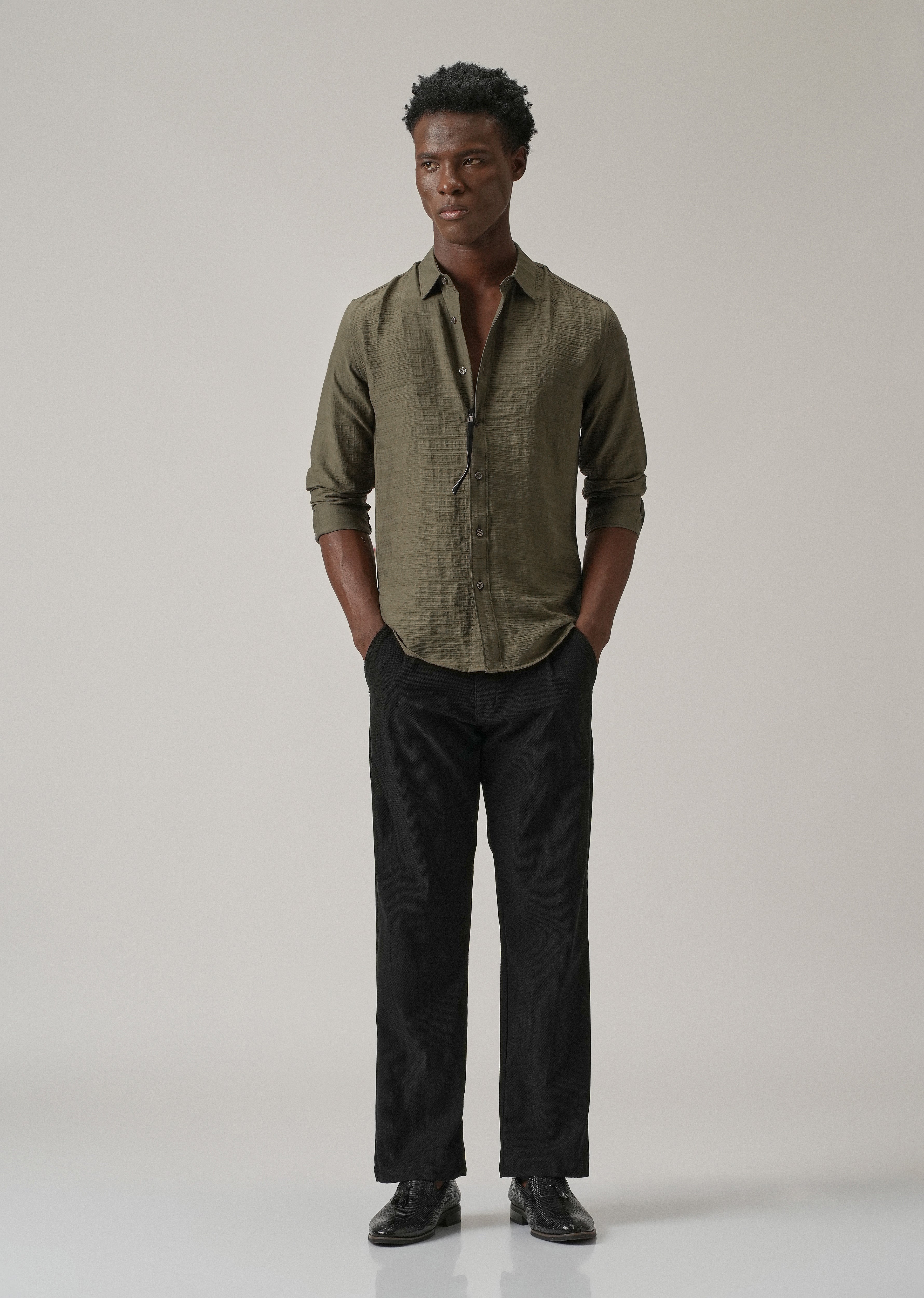 Olive Crushed Self Stripe Shirt