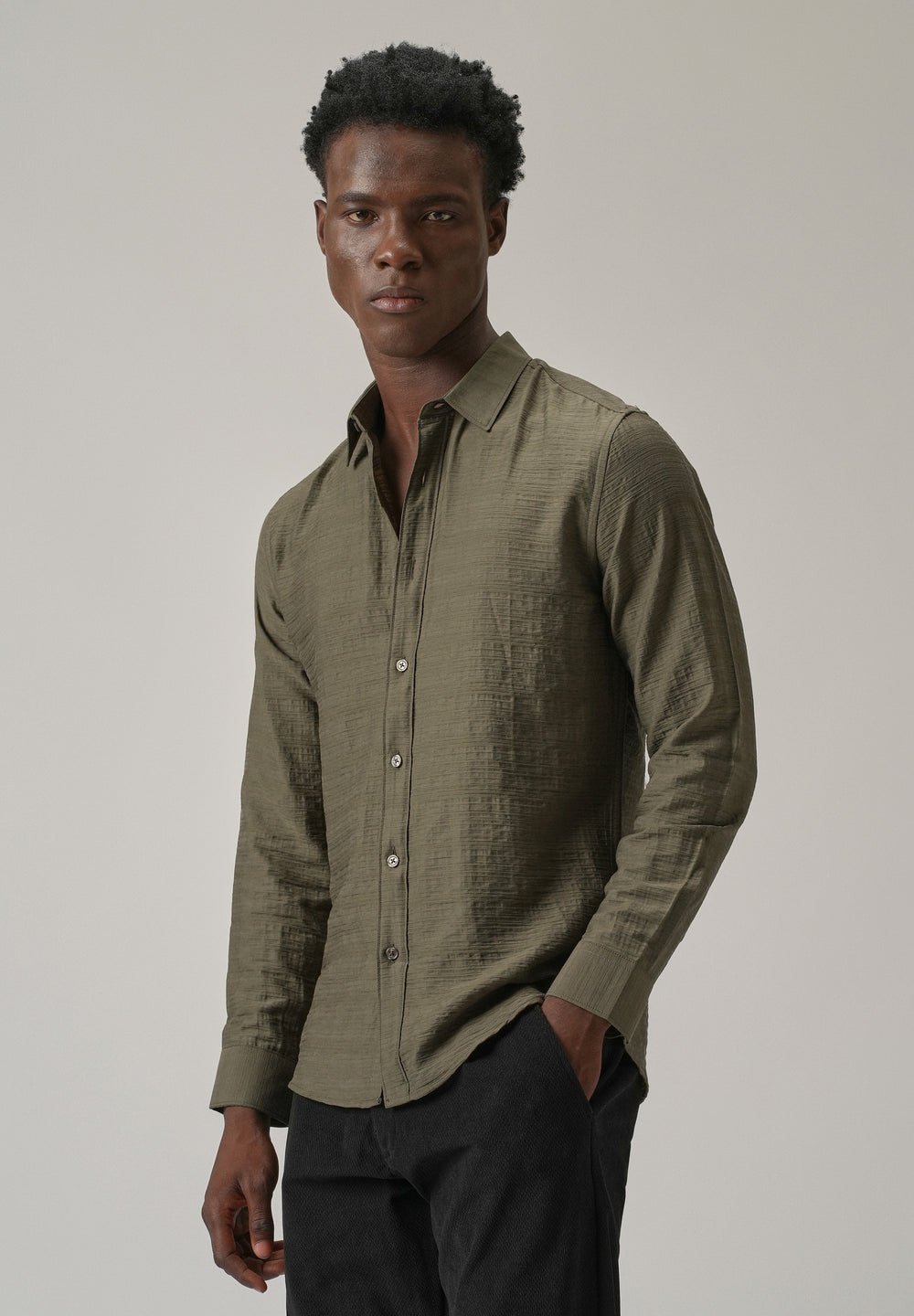 Olive Crushed Self Stripe Shirt