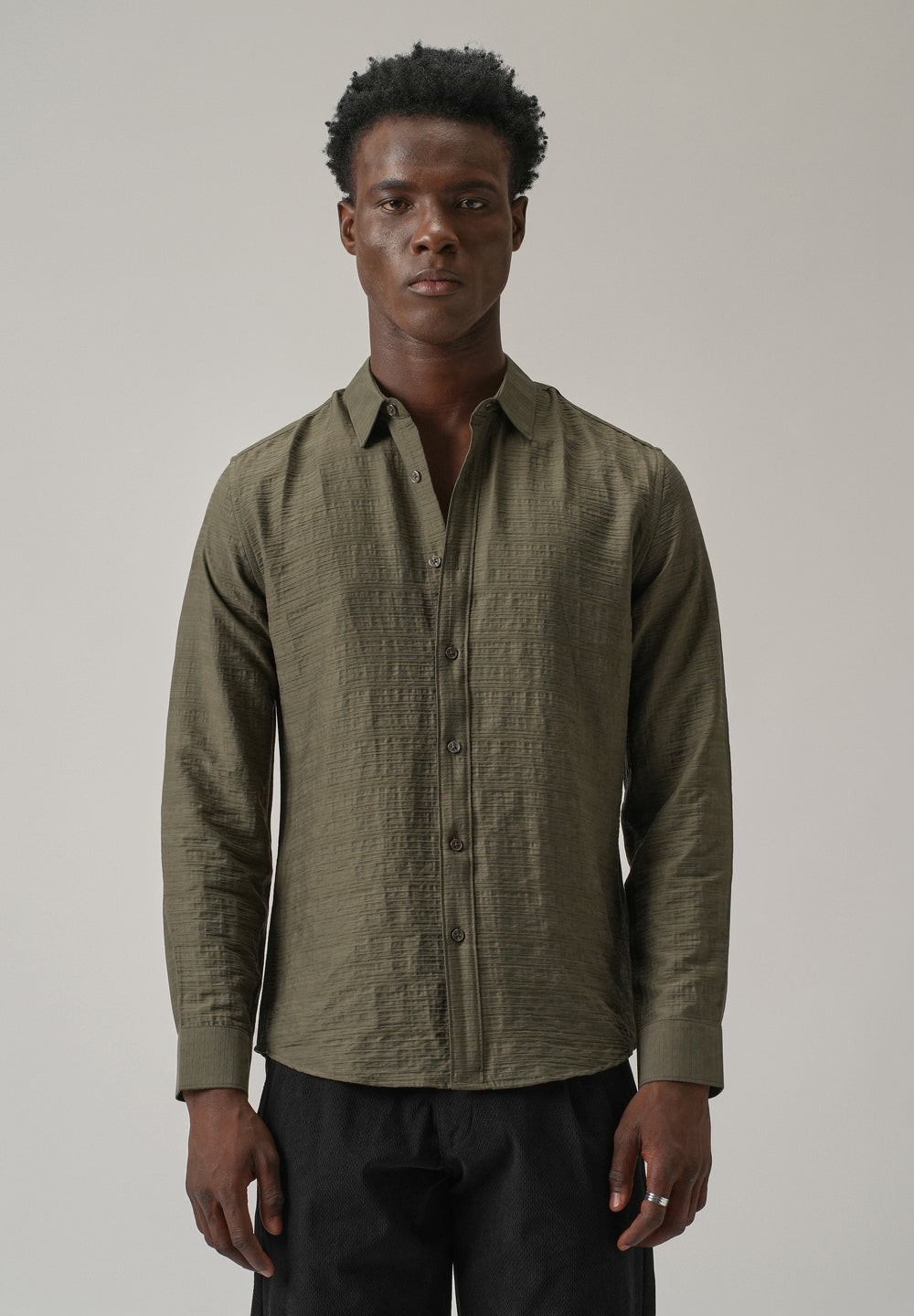 Olive Crushed Self Stripe Shirt