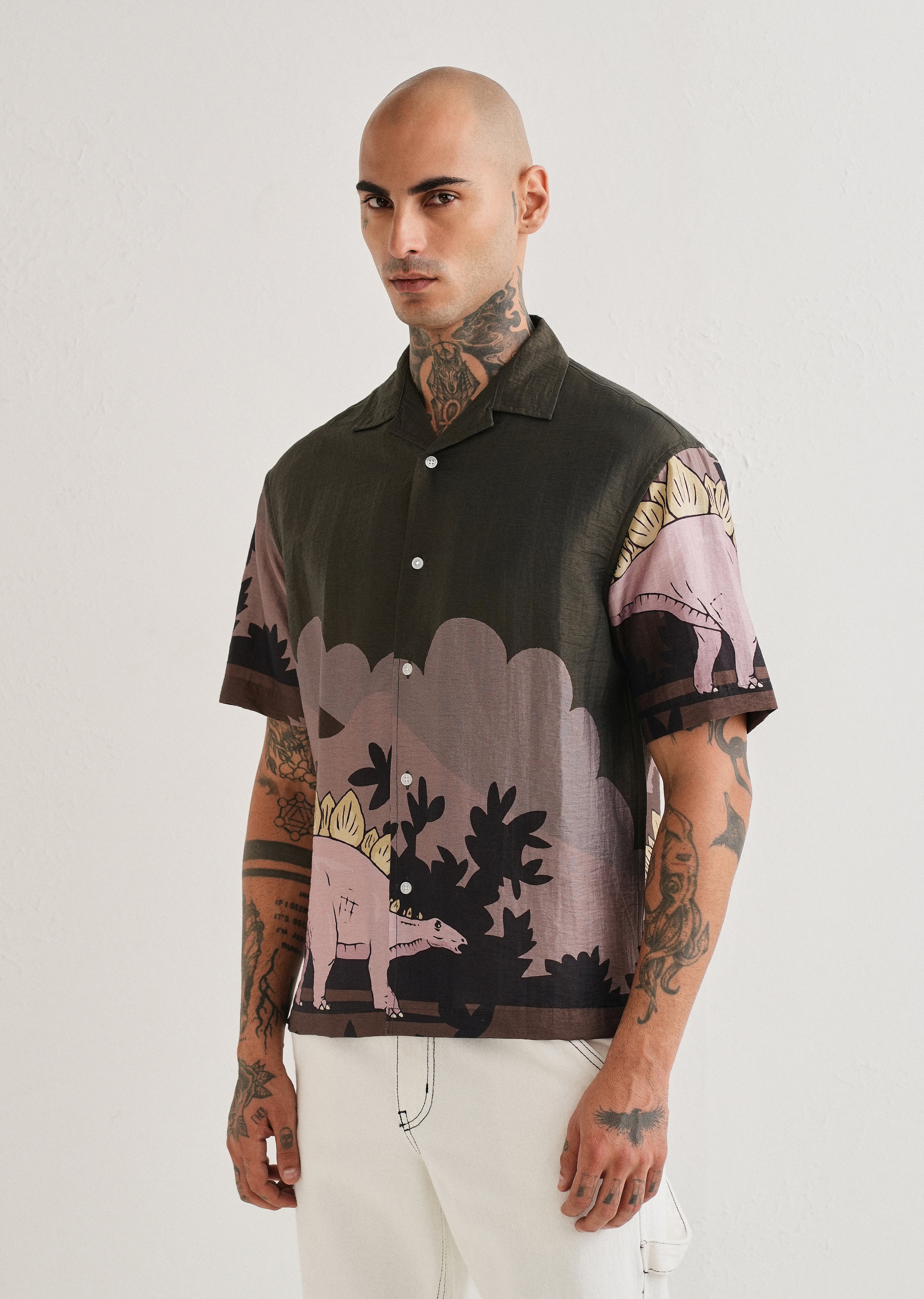 Olive Dino Placement Print Shirt