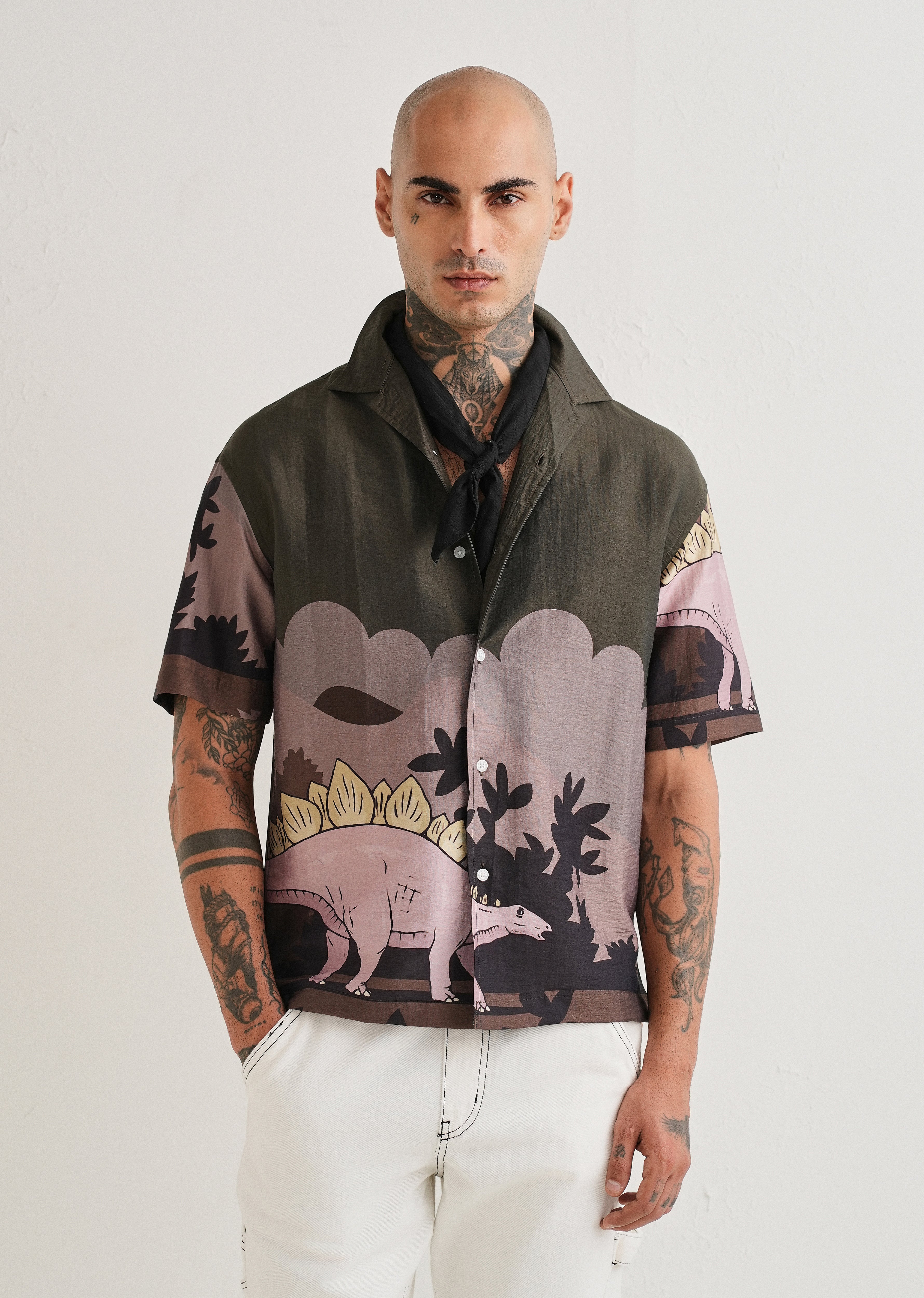 Olive Dino Placement Print Shirt