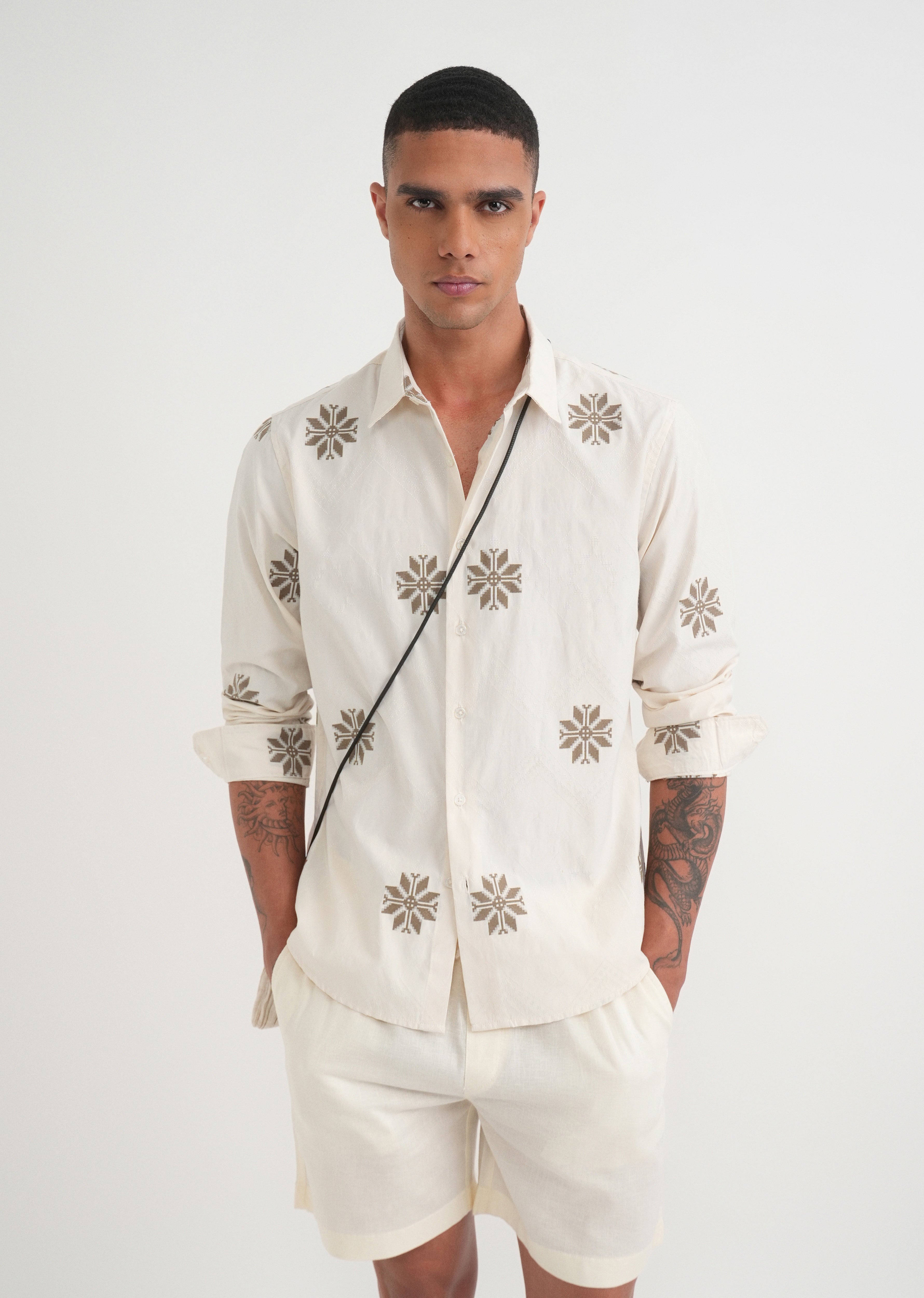 Olive Geometric Printed Jacquard Shirt