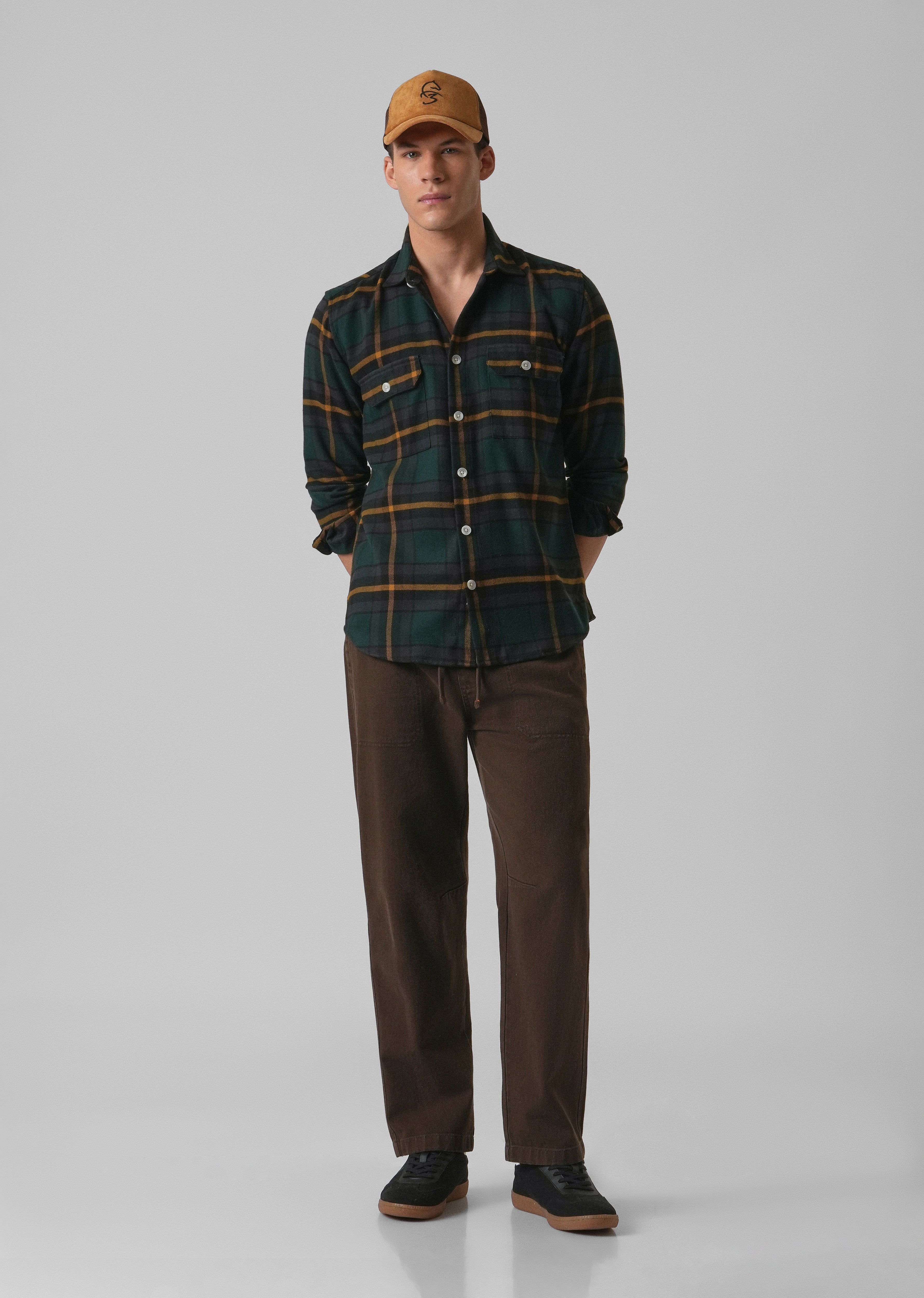 Olive Green Brushed Cotton Check Shirt