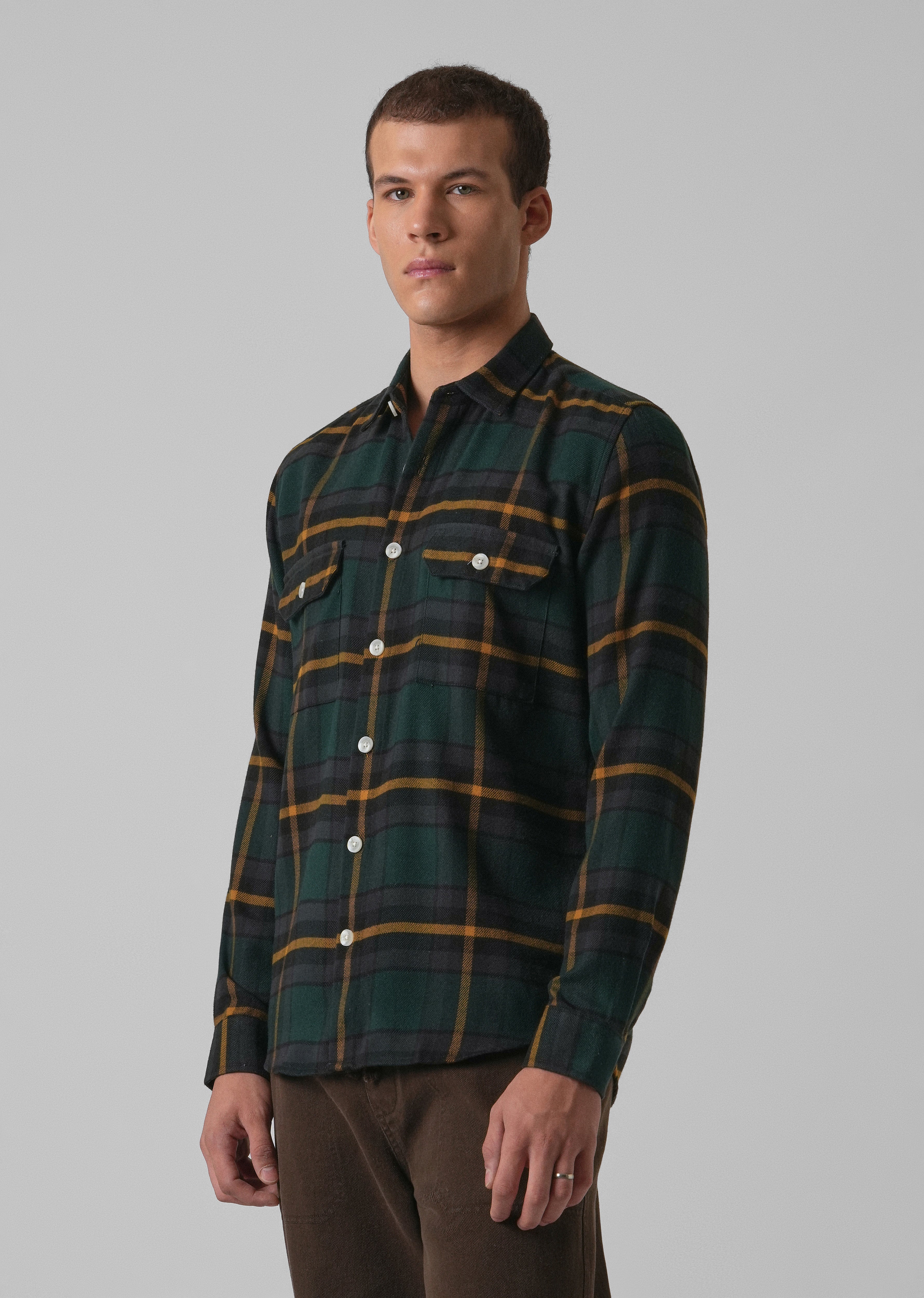 Olive Green Brushed Cotton Check Shirt
