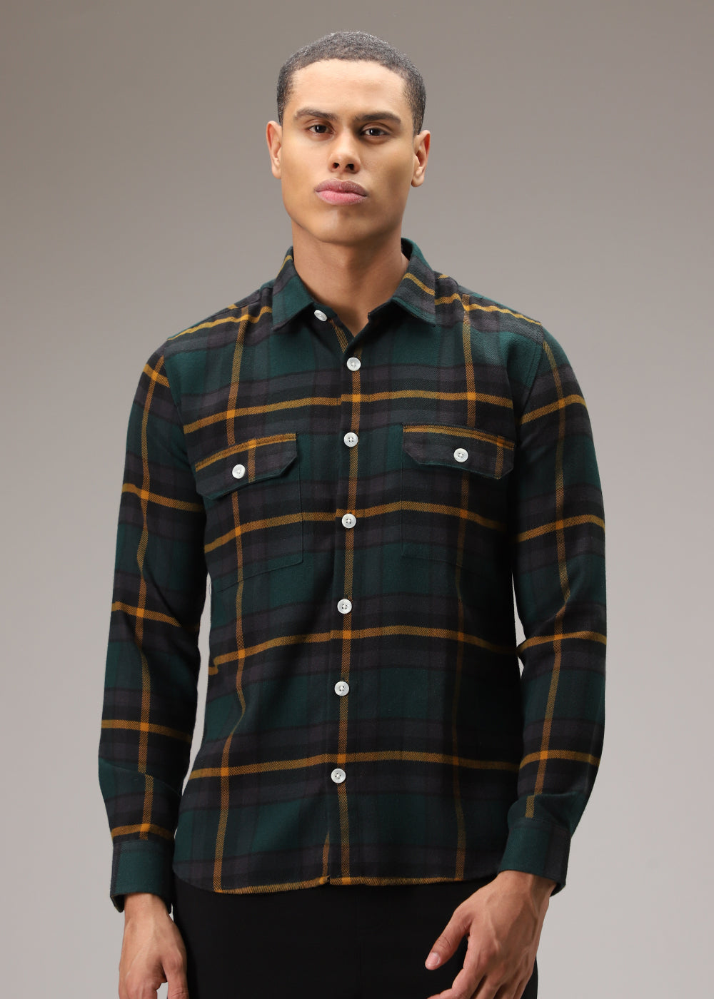 Olive Green Brushed Cotton Check Shirt