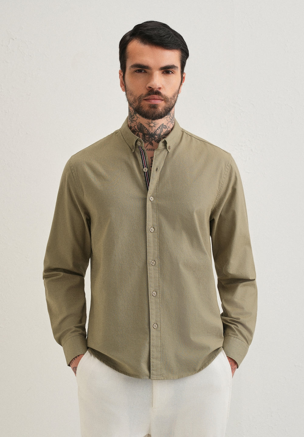 Olive Green Contrast Placket Shirt