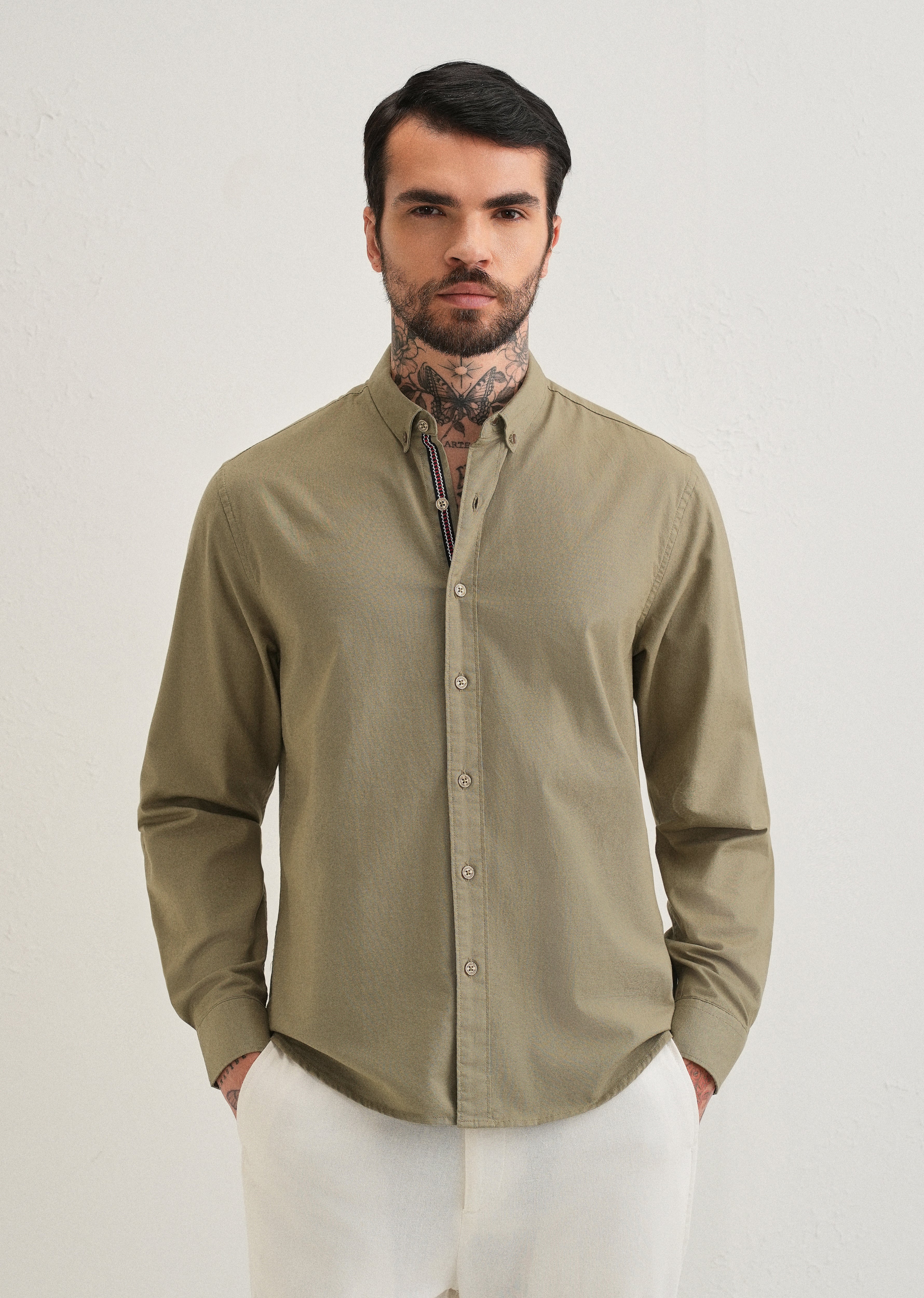 Olive Green Contrast Placket Shirt