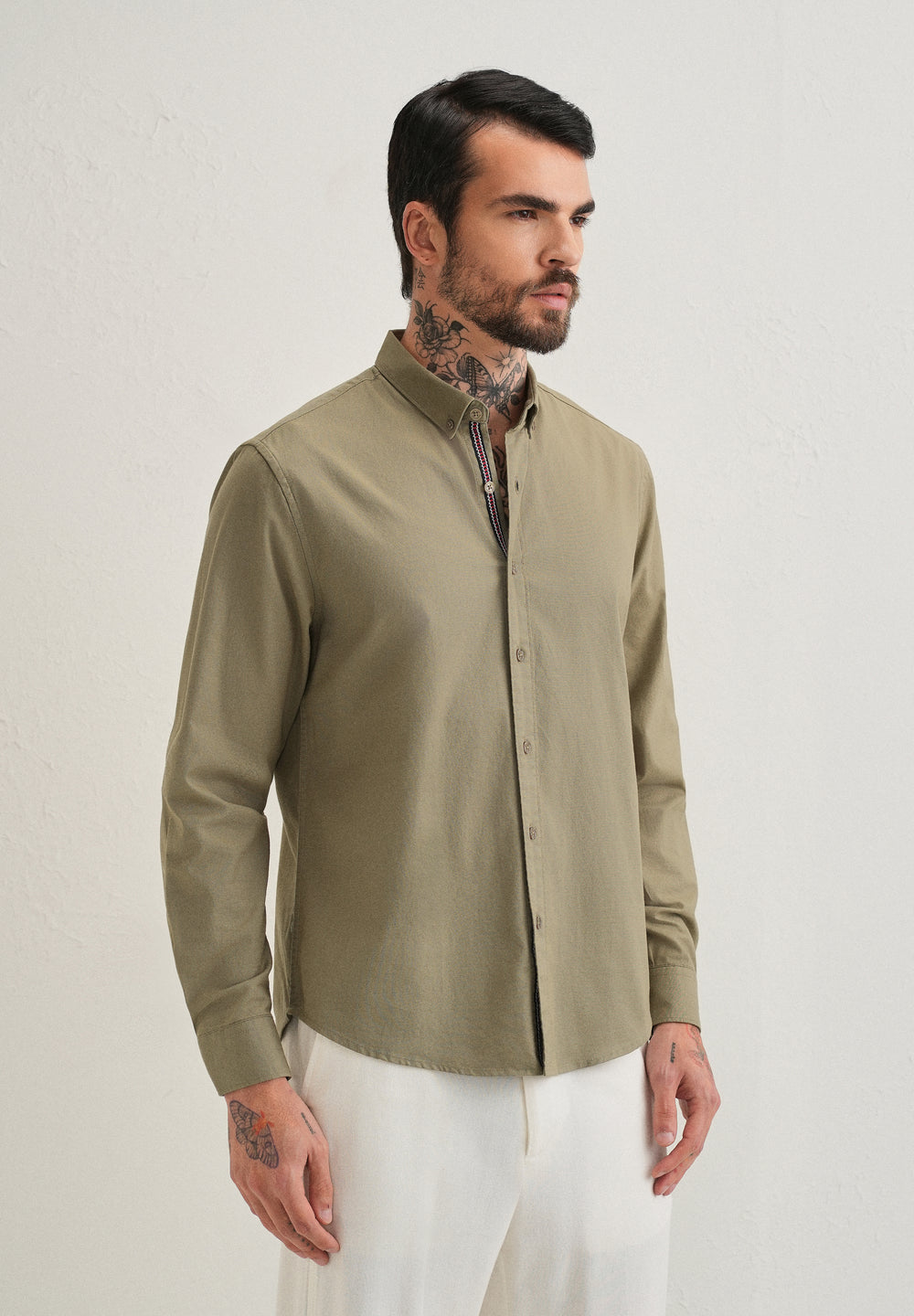 Olive Green Contrast Placket Shirt
