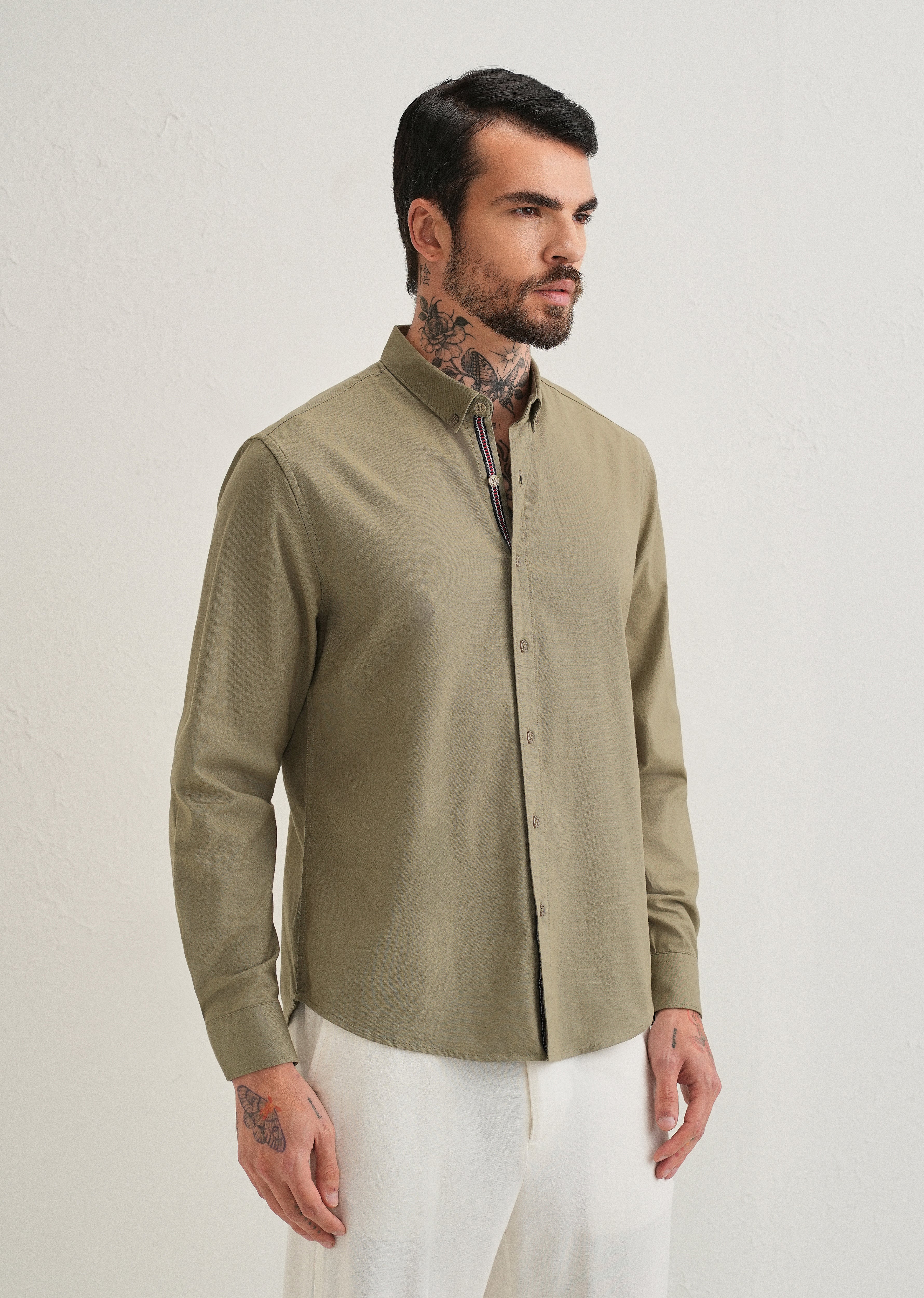Olive Green Contrast Placket Shirt