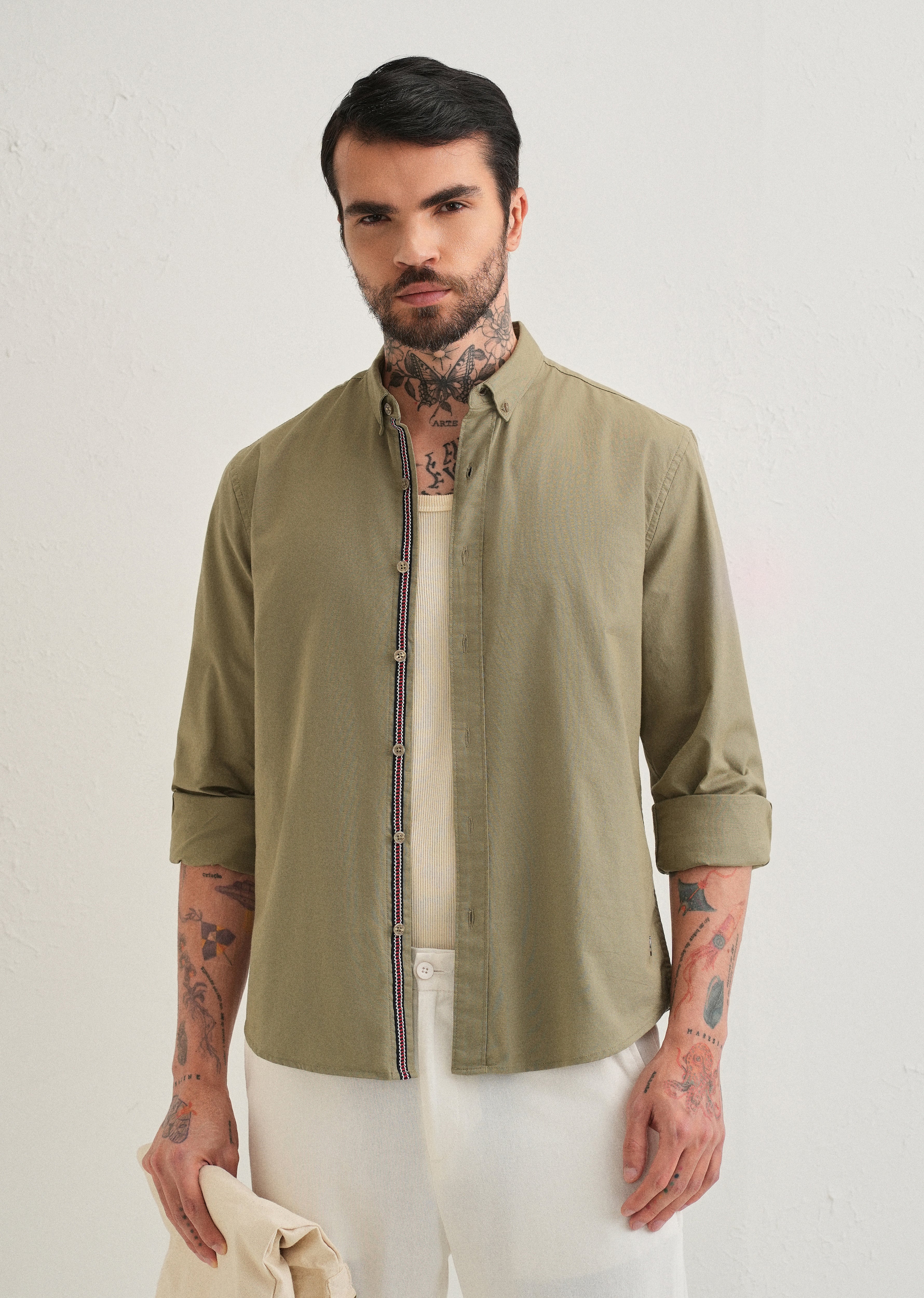 Olive Green Contrast Placket Shirt
