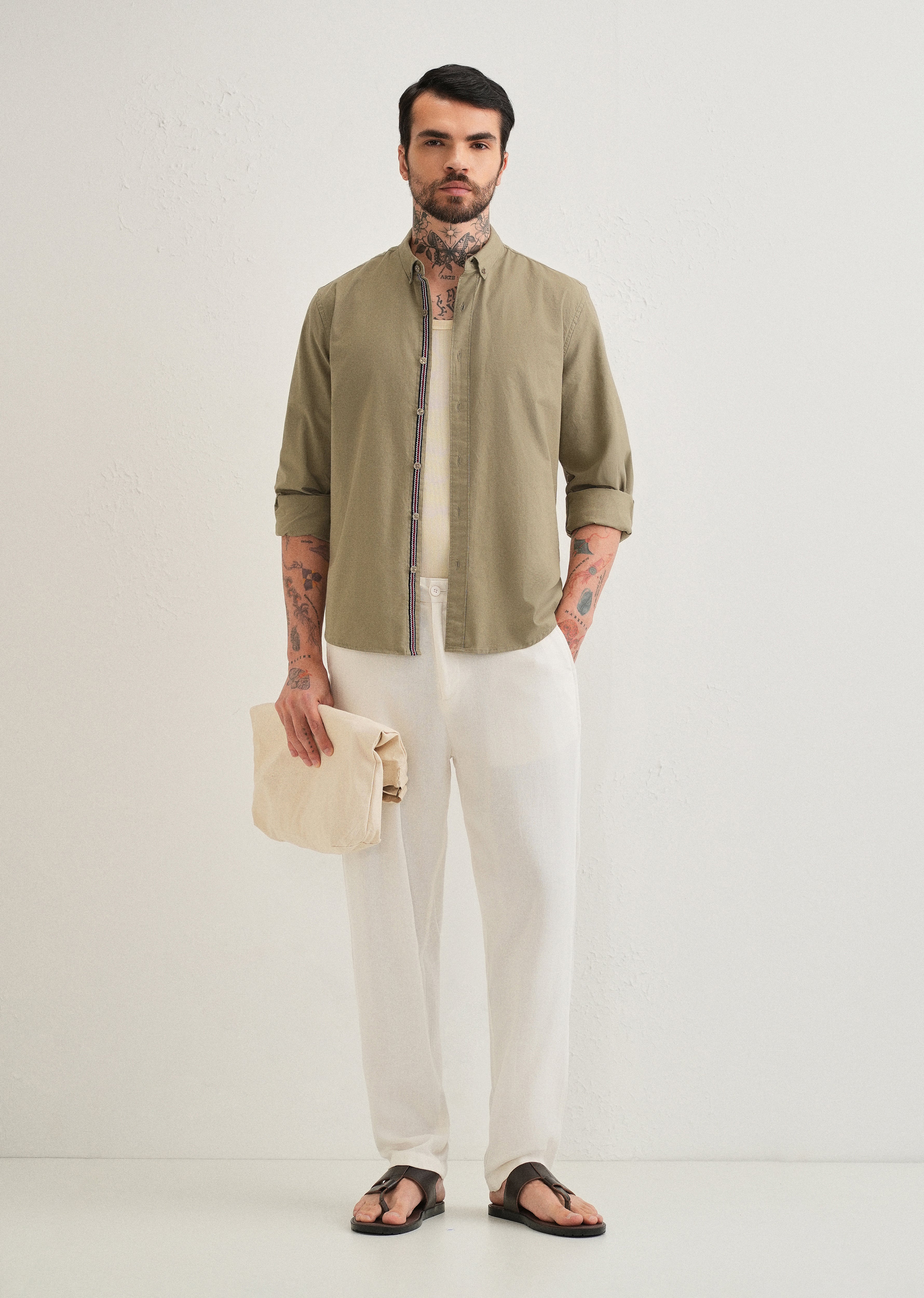 Olive Green Contrast Placket Shirt