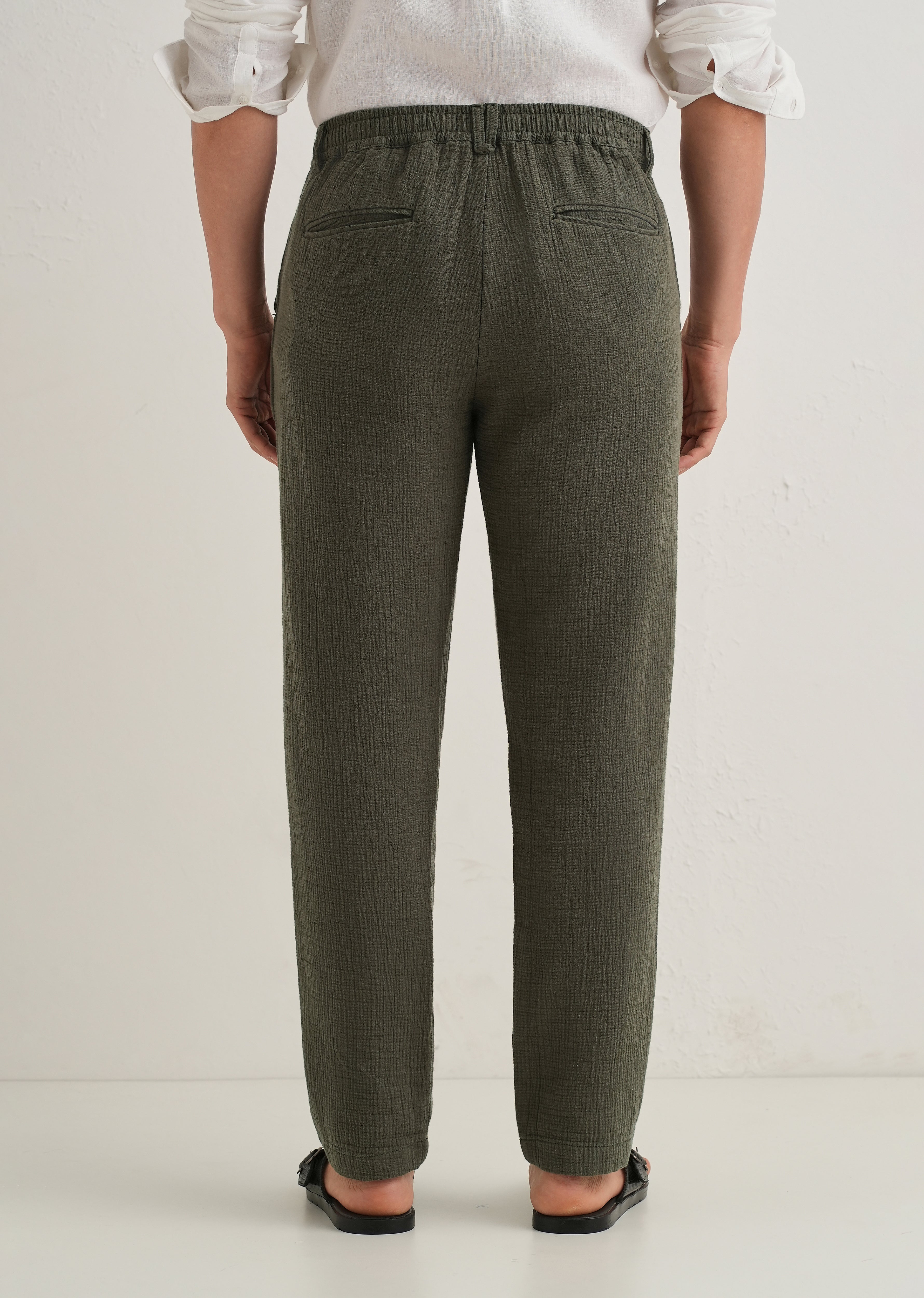 Olive Green Crinkled Cotton Trouser