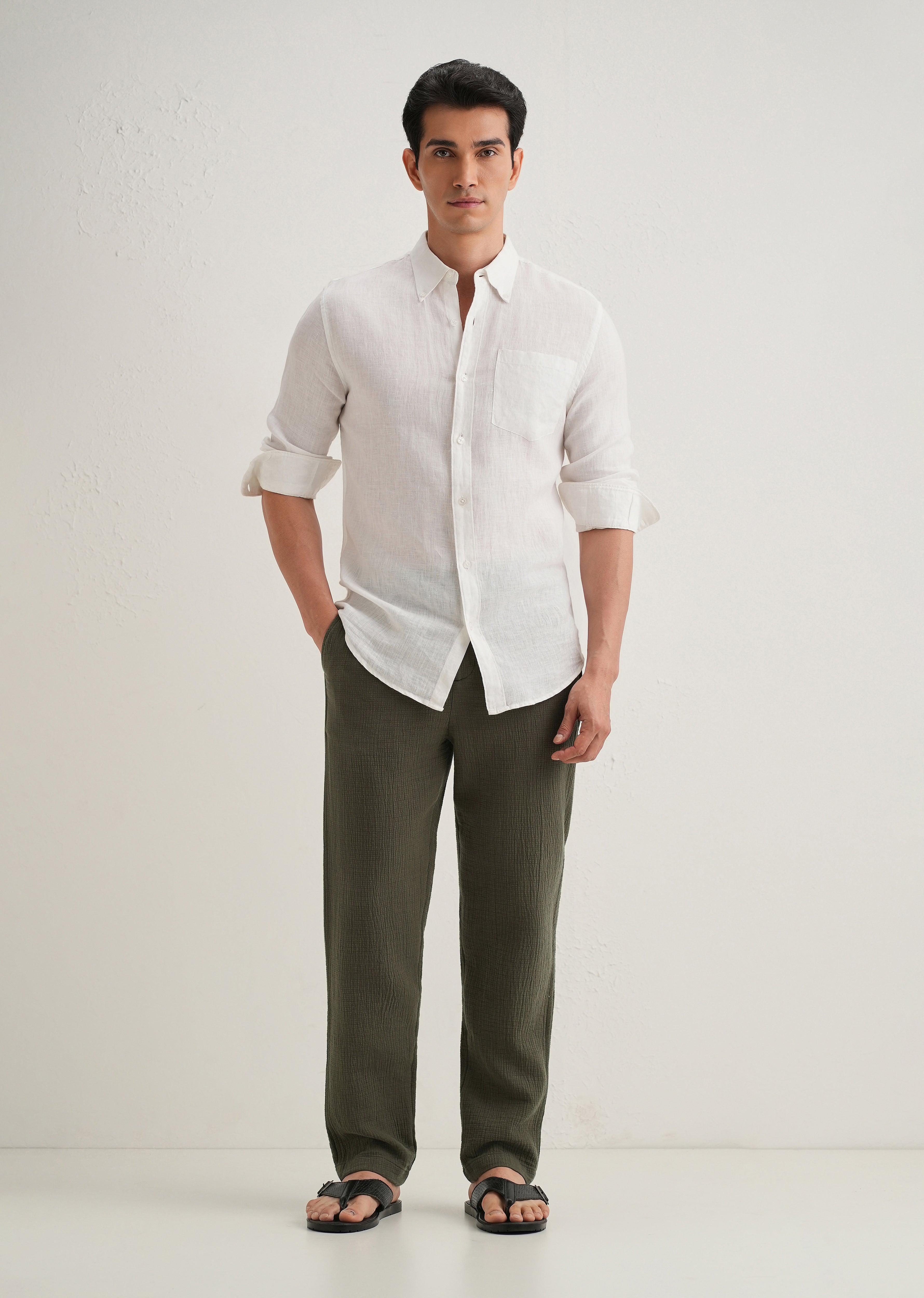 Olive Green Crinkled Cotton Trouser