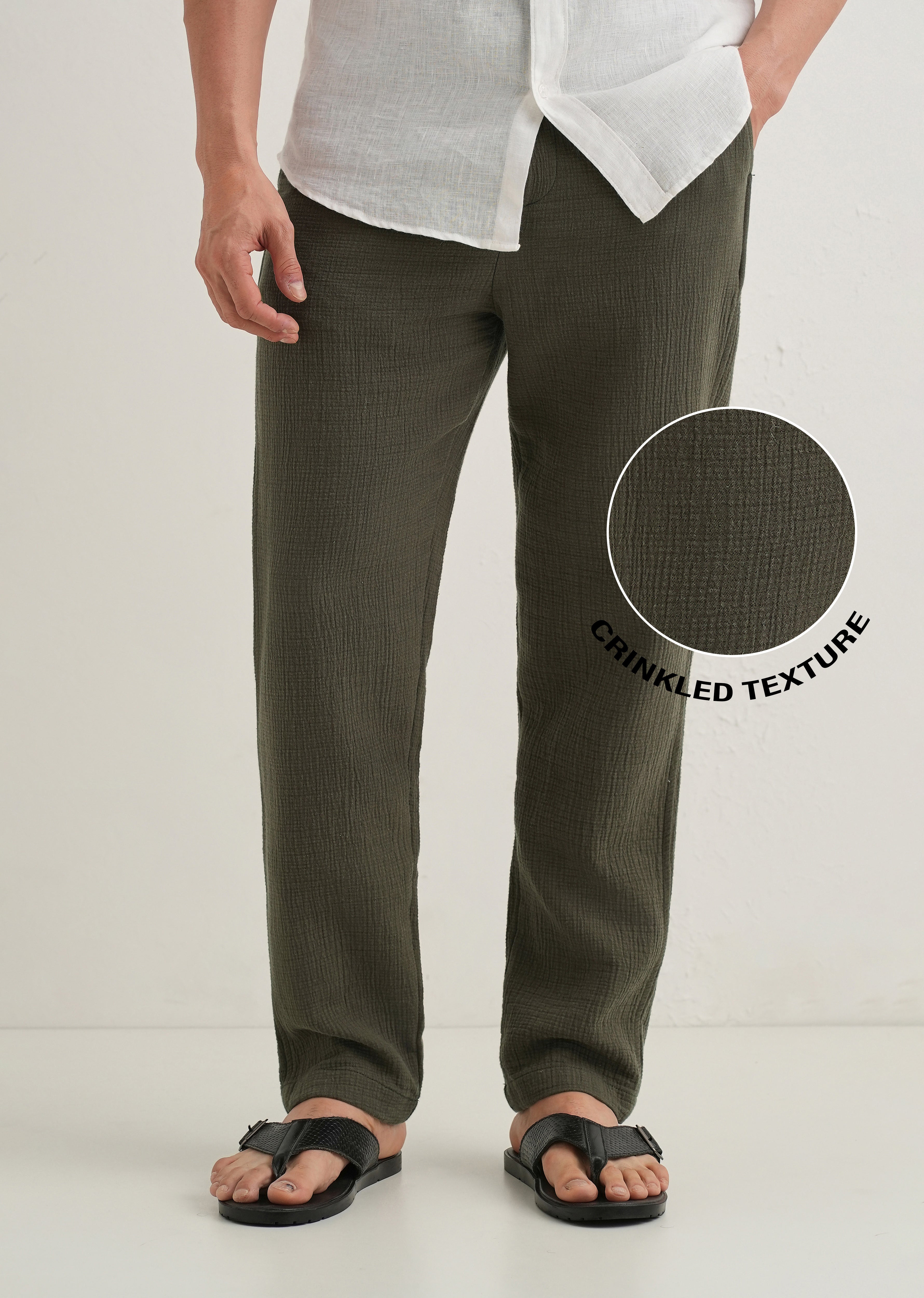 Olive Green Crinkled Cotton Trouser