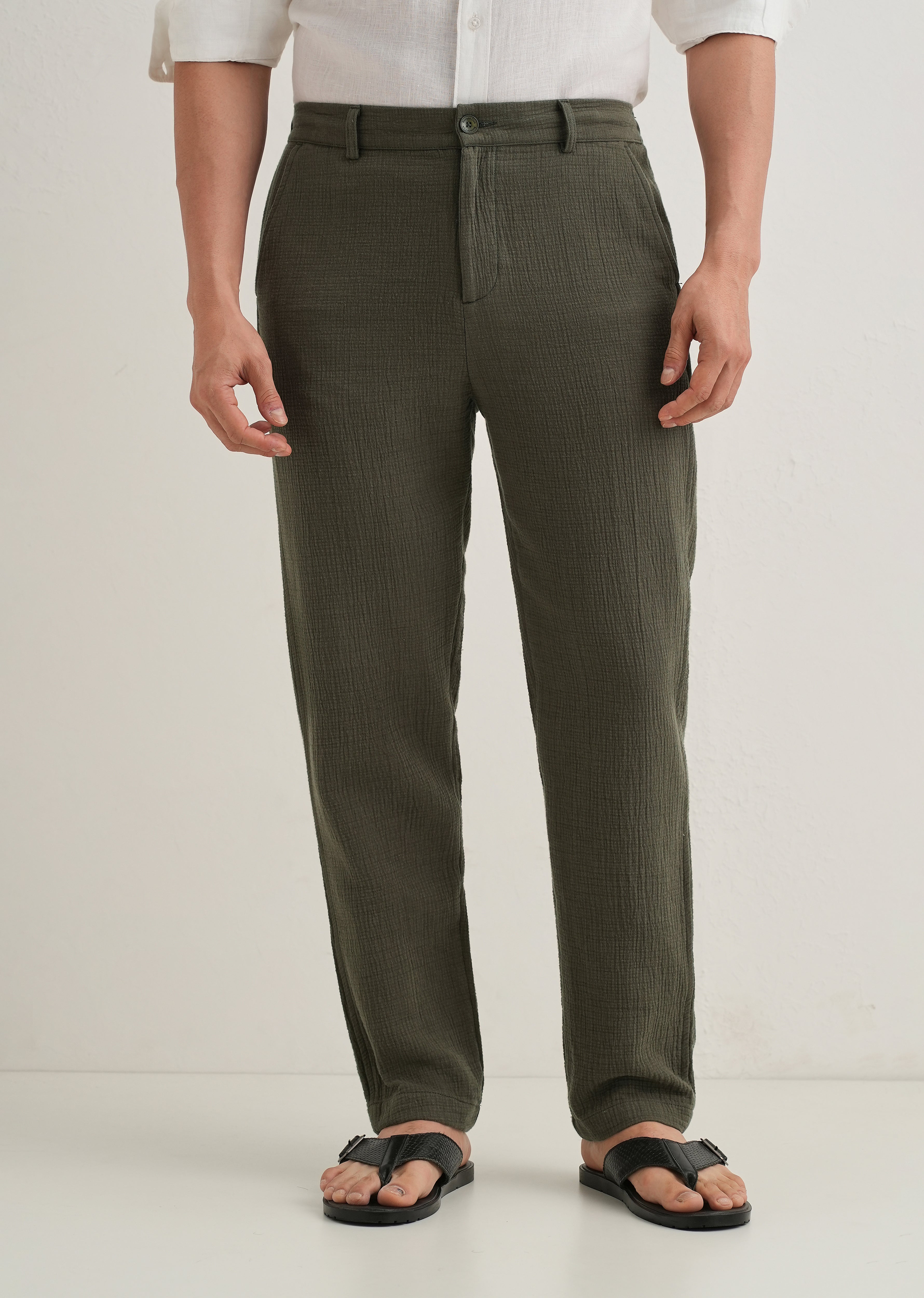Olive Green Crinkled Cotton Trouser