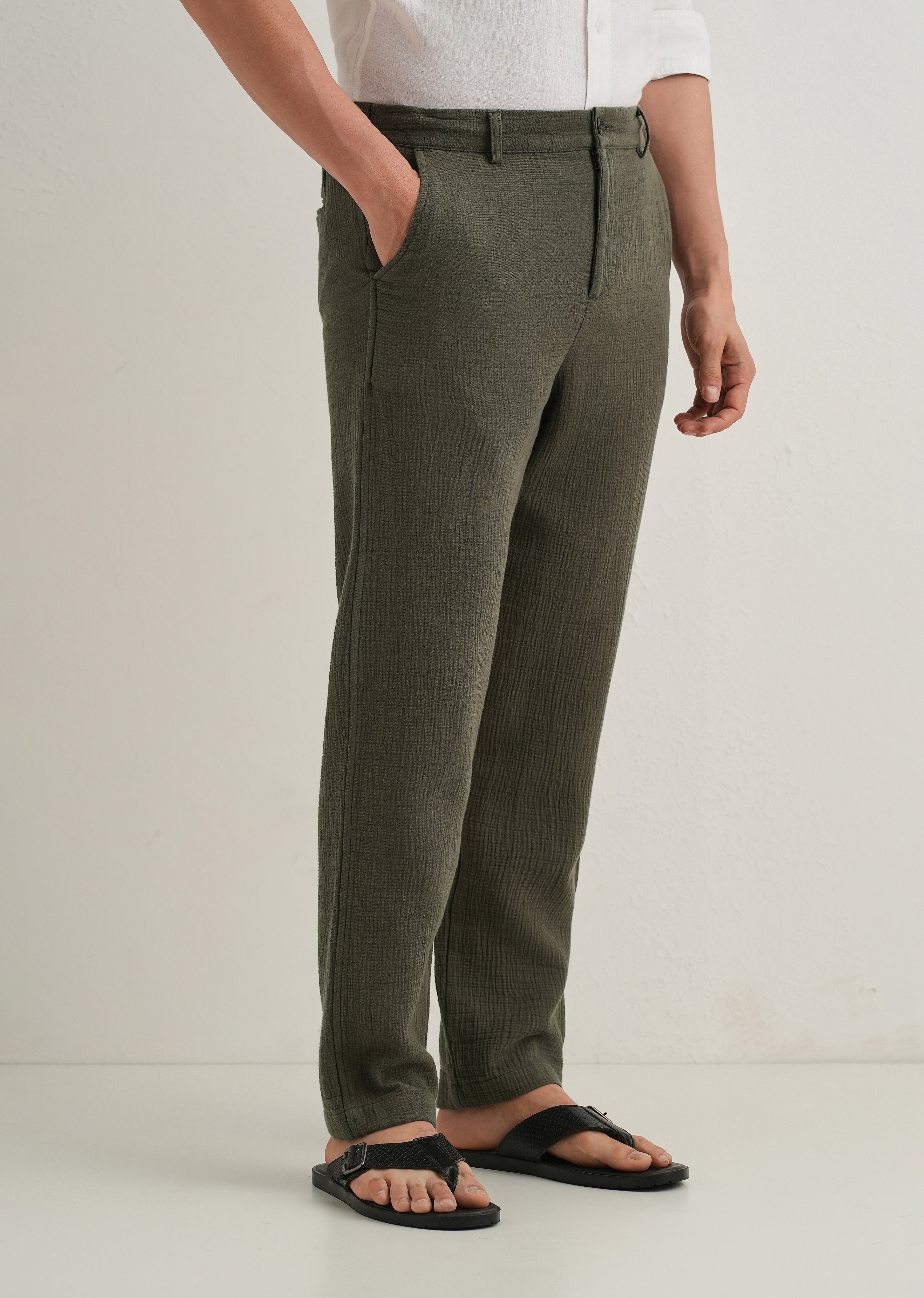 Olive Green Crinkled Cotton Trouser