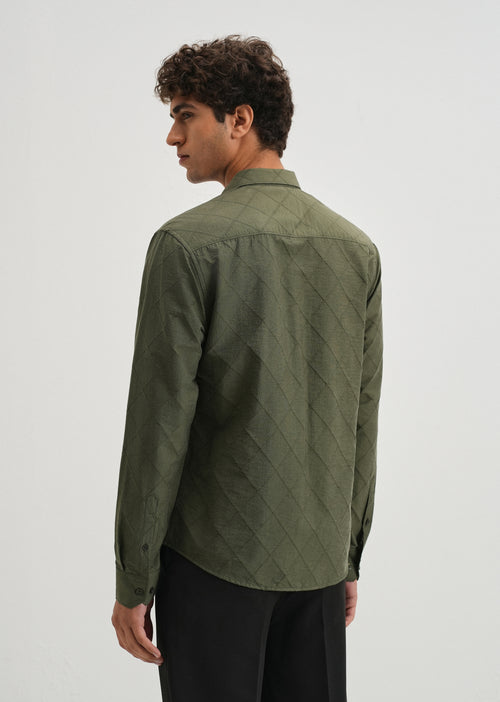 Olive Green Diamond Self Pattern Shirt