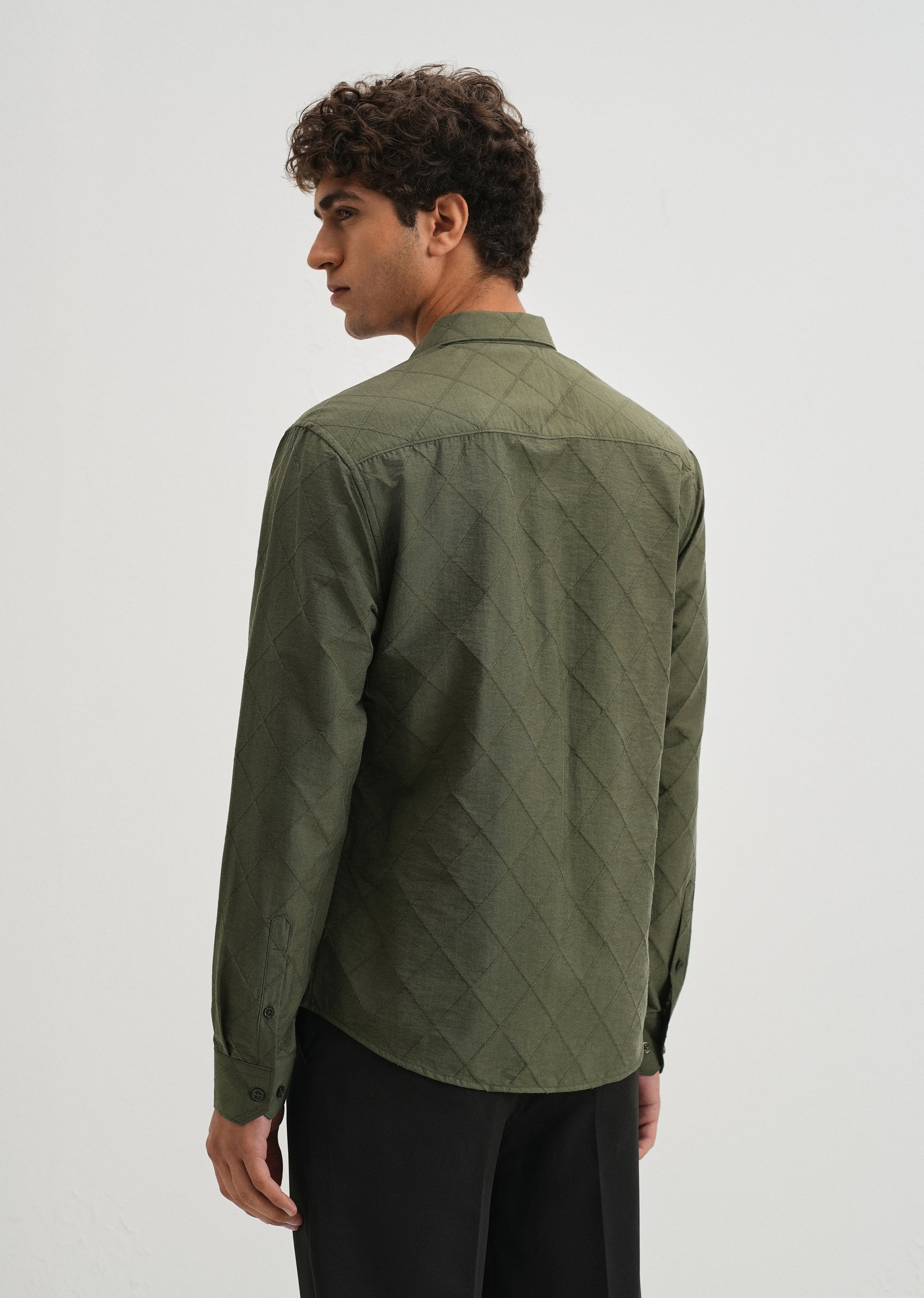 Olive Green Diamond Self Pattern Shirt
