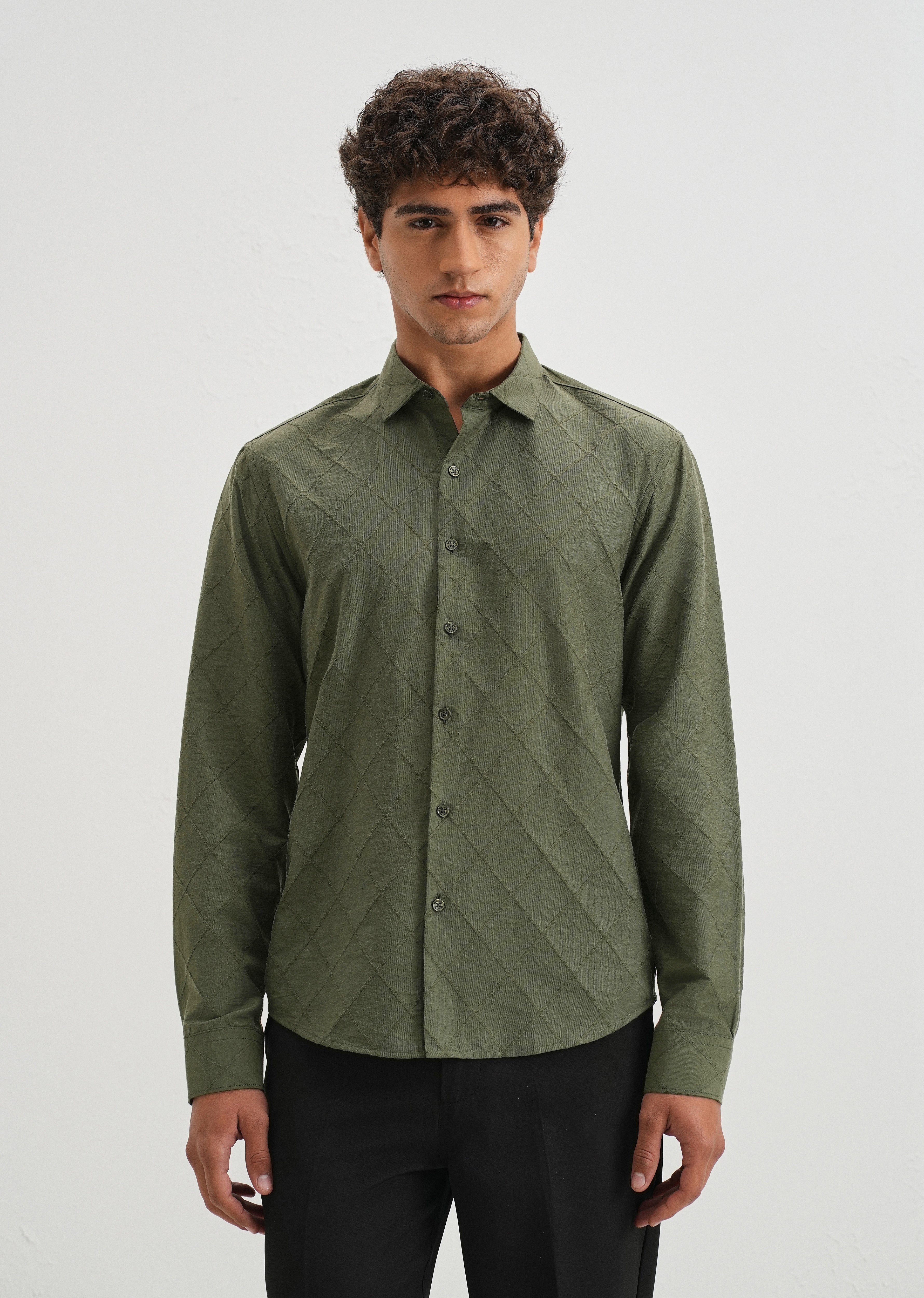 Olive Green Diamond Self Pattern Shirt