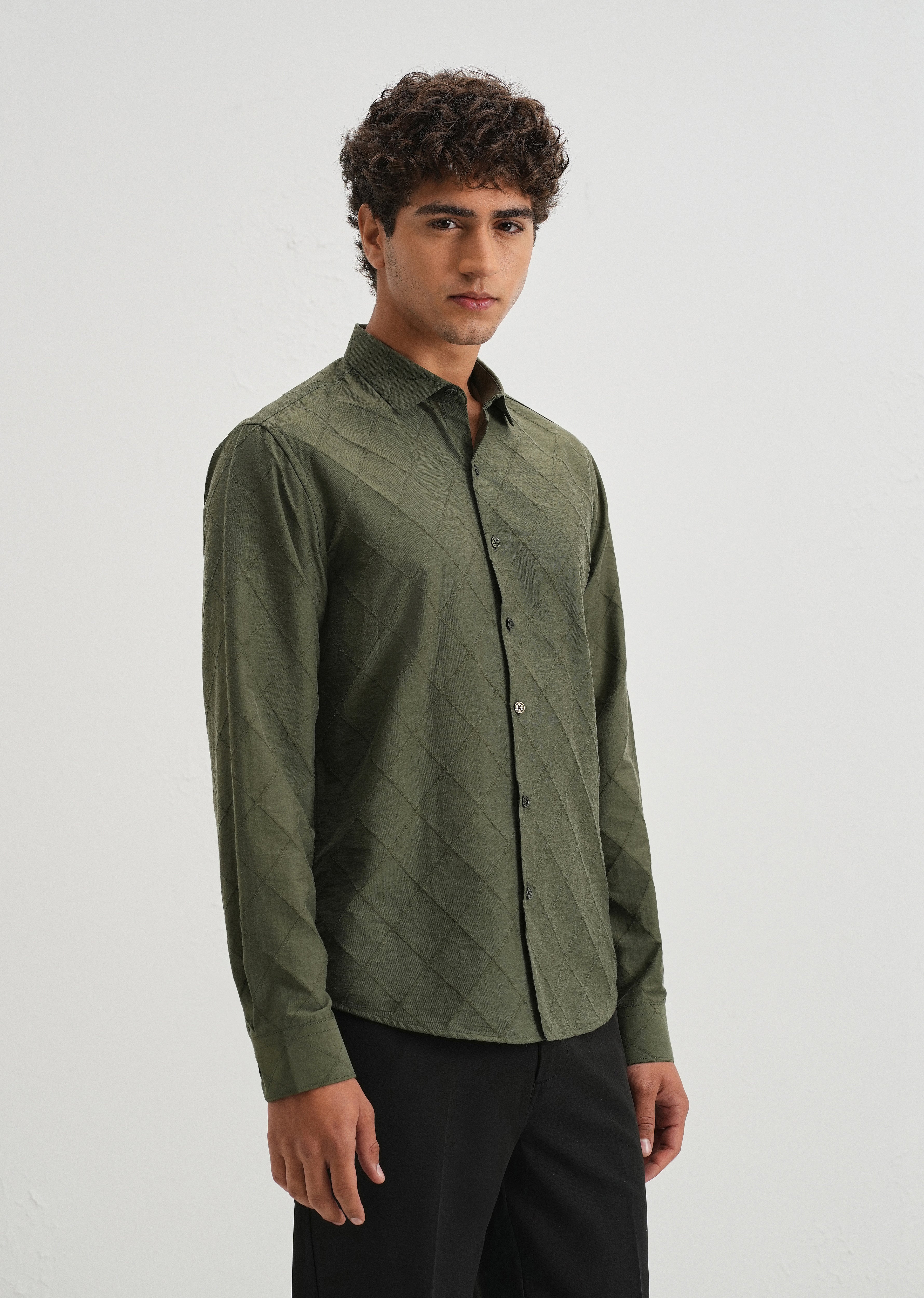 Olive Green Diamond Self Pattern Shirt