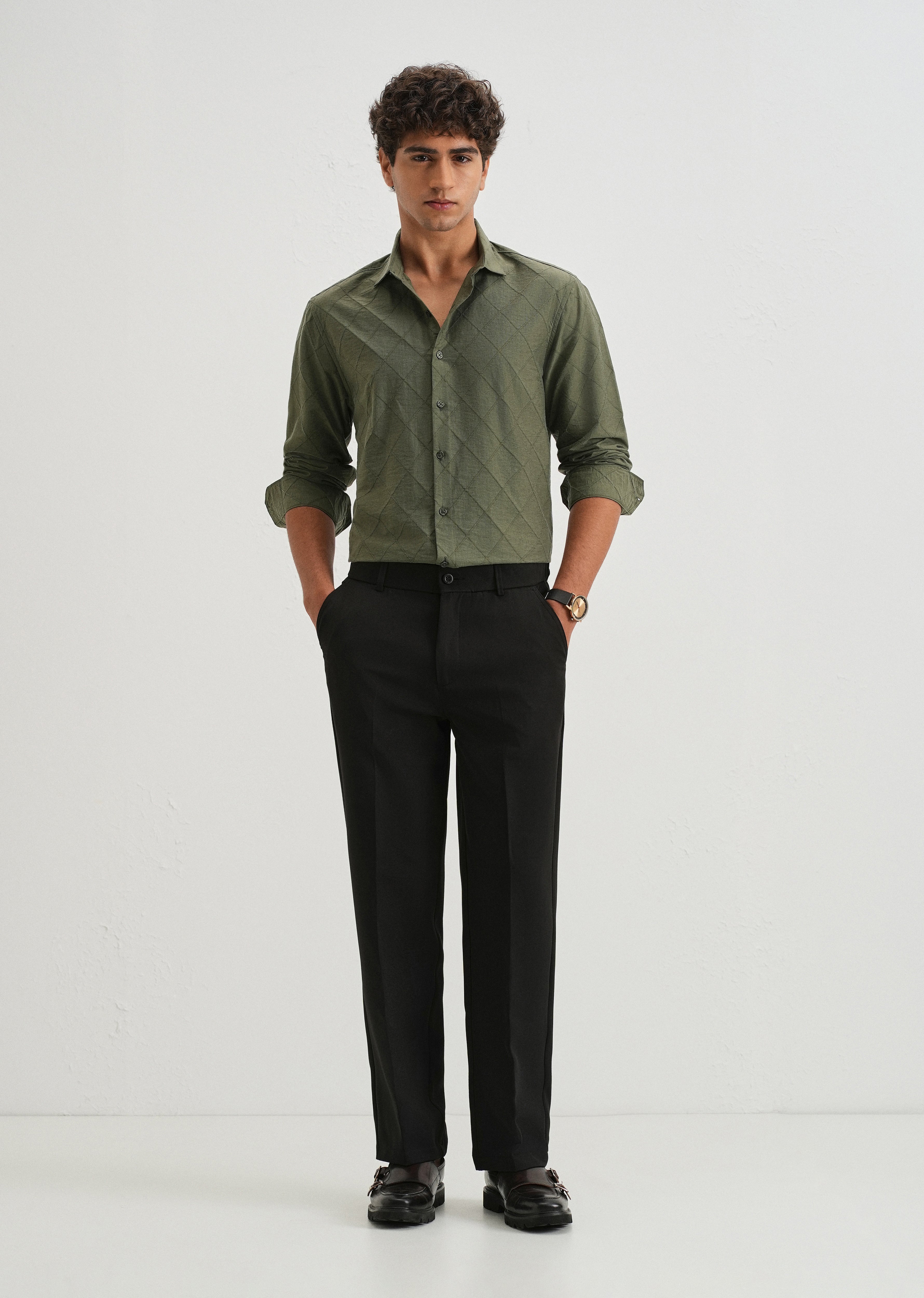 Olive Green Diamond Self Pattern Shirt