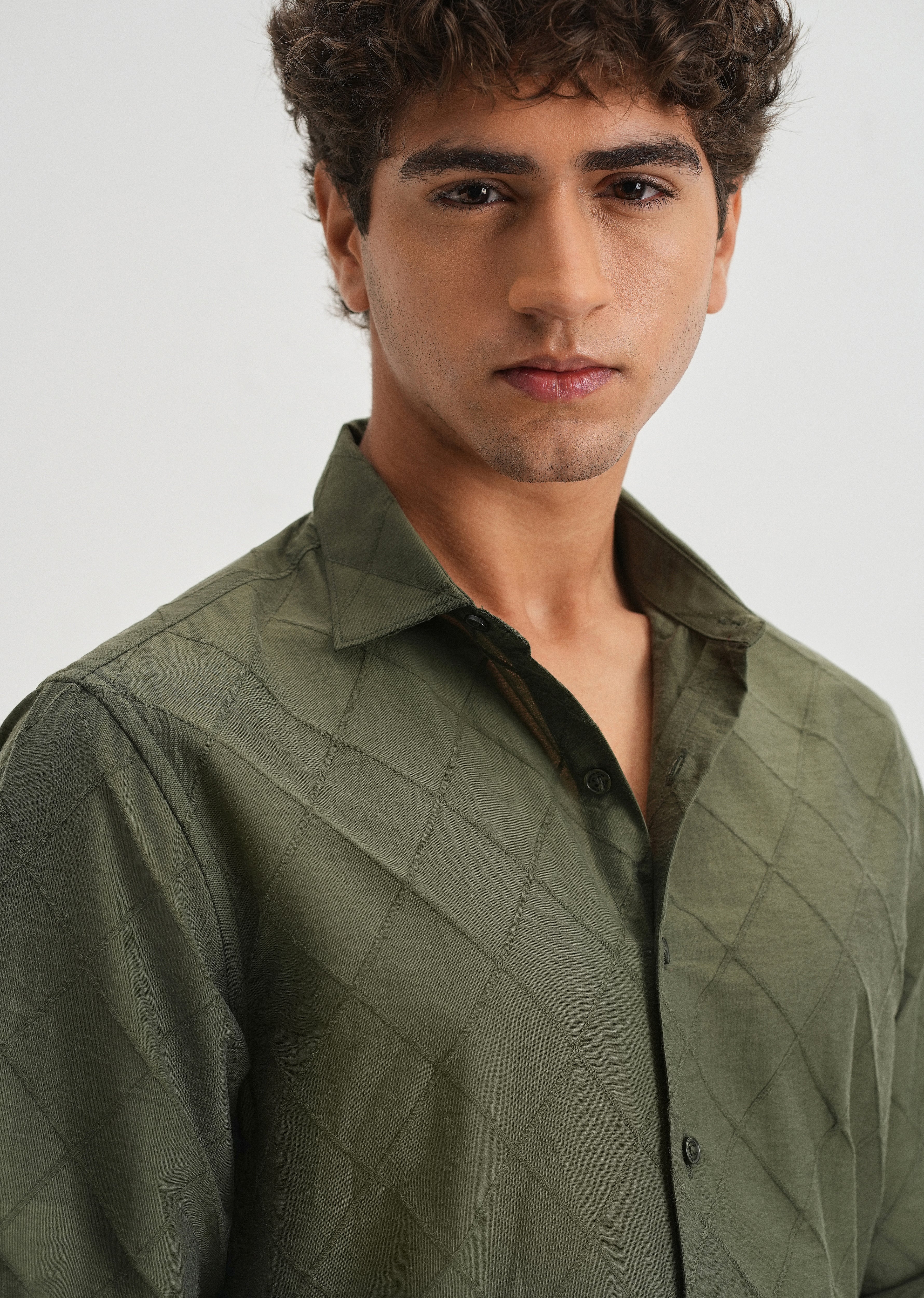 Olive Green Diamond Self Pattern Shirt
