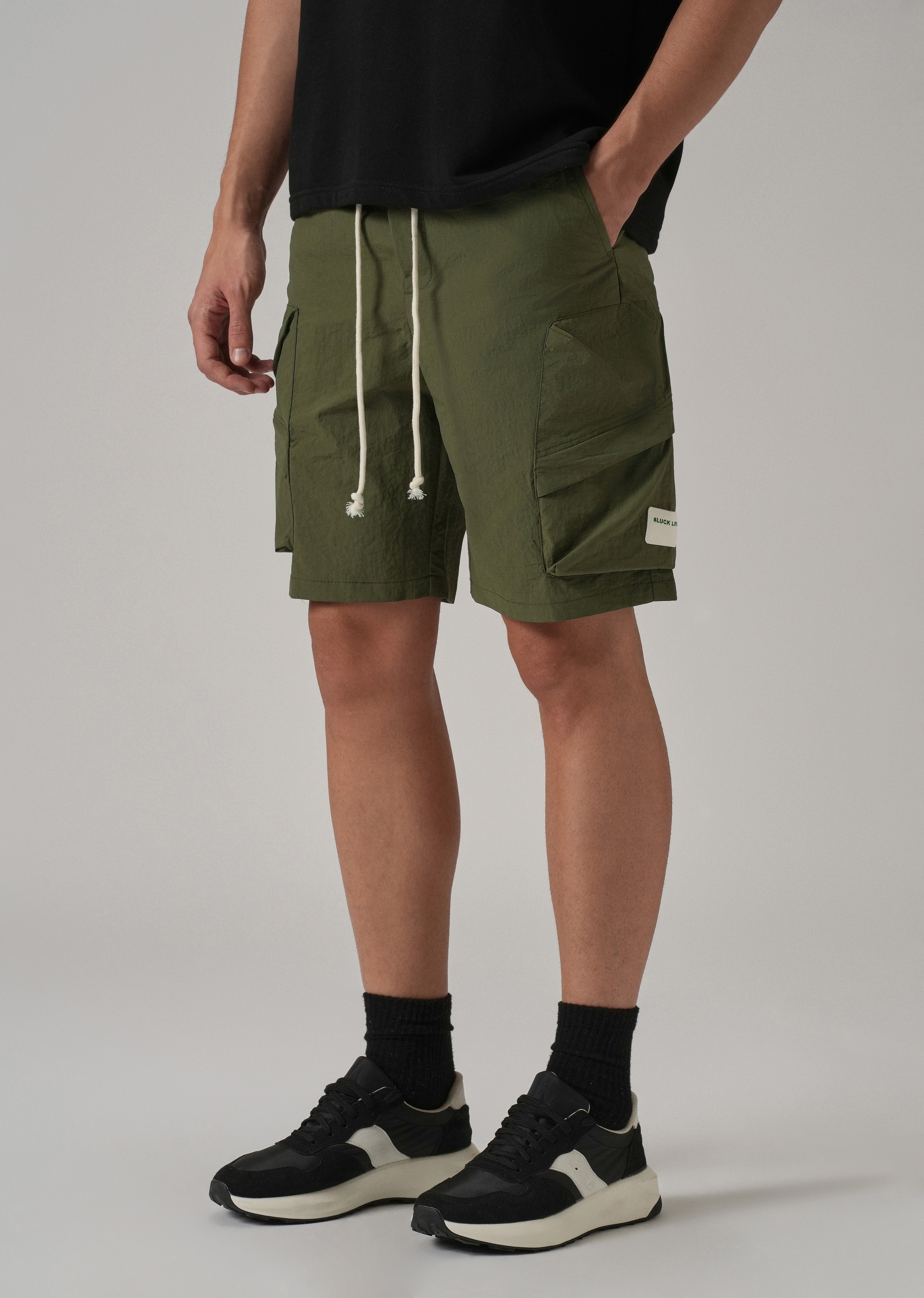 Olive Green Drawstring Cargo Shorts