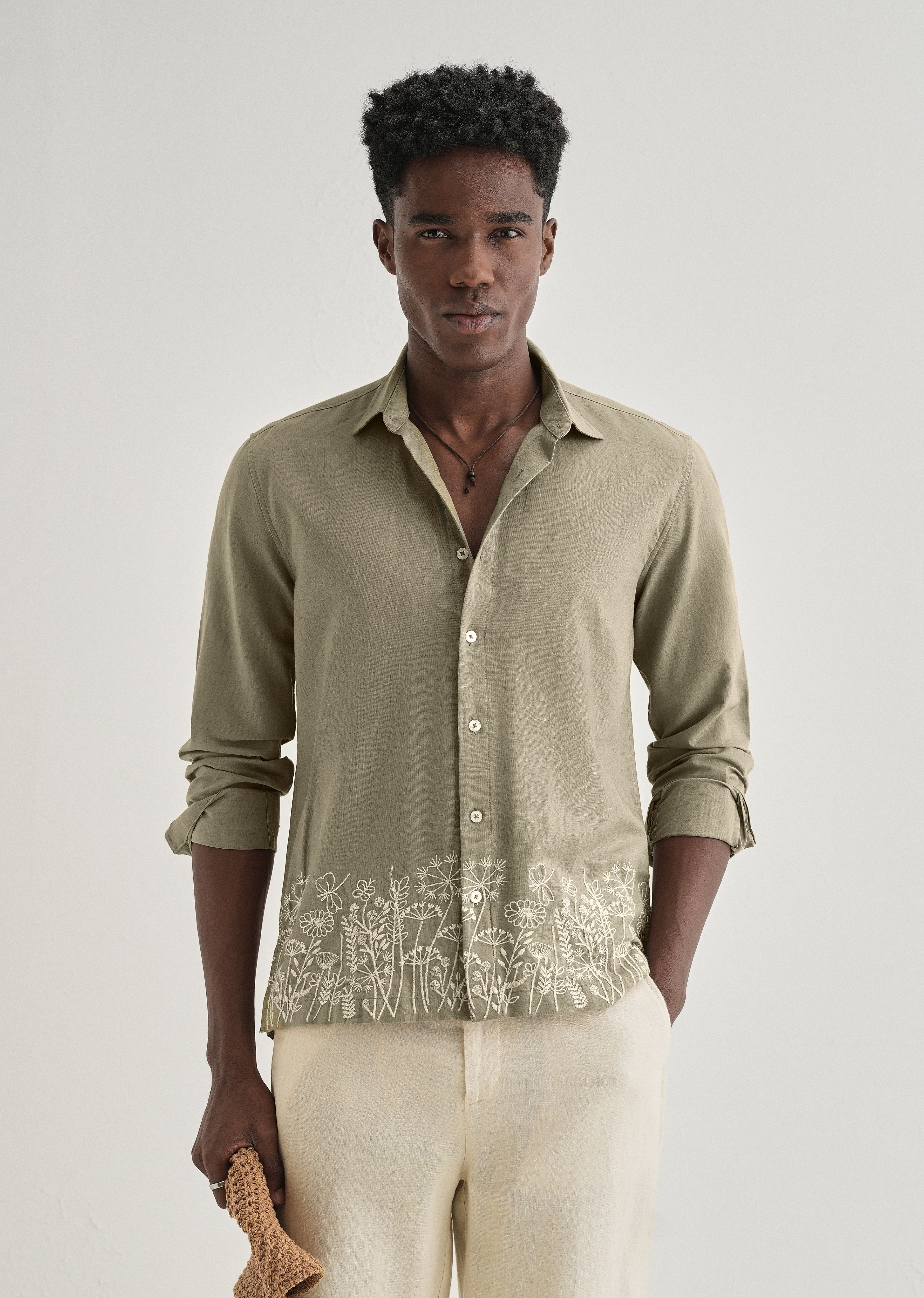 Olive Green Embroidered Cotton Linen Shirt