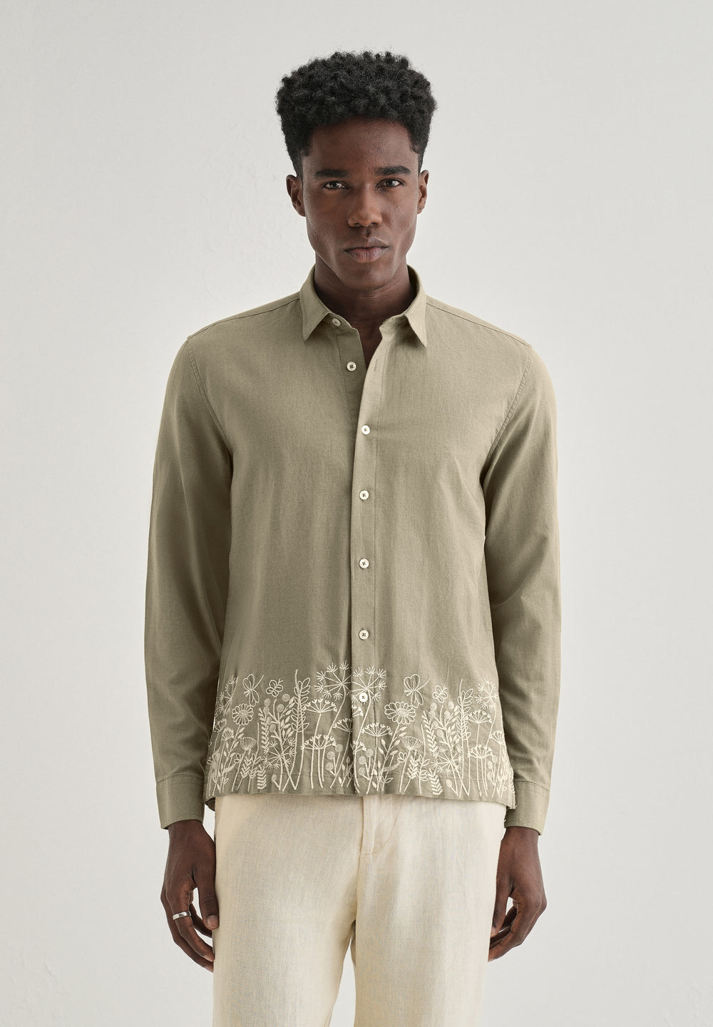 Olive Green Embroidered Cotton Linen Shirt