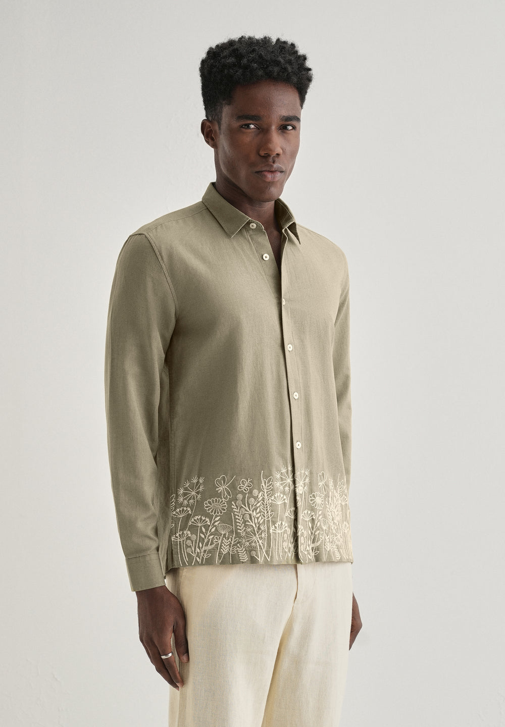 Olive Green Embroidered Cotton Linen Shirt