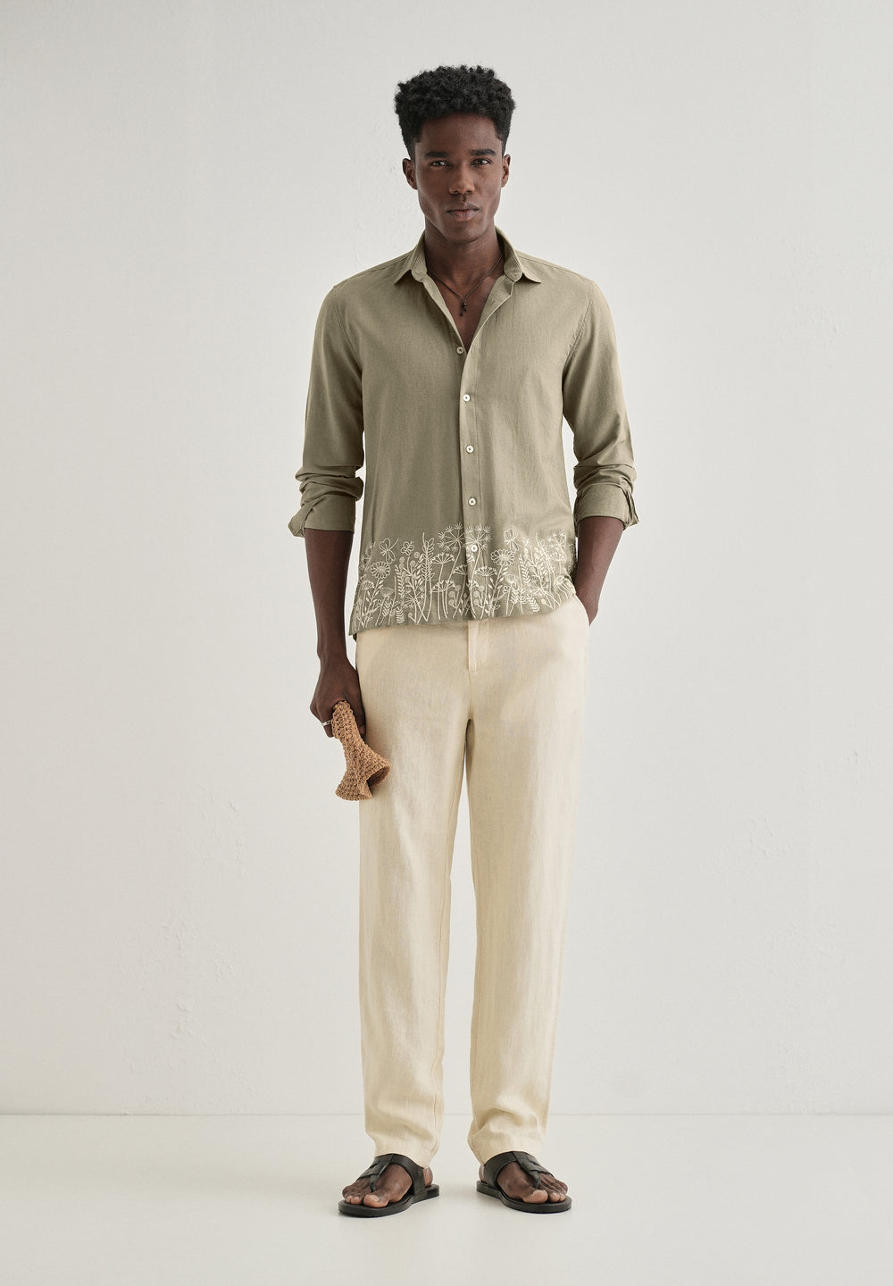 Olive Green Embroidered Cotton Linen Shirt