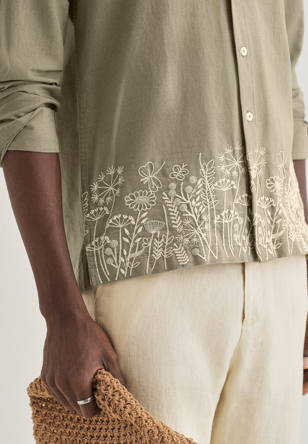 Olive Green Embroidered Cotton Linen Shirt