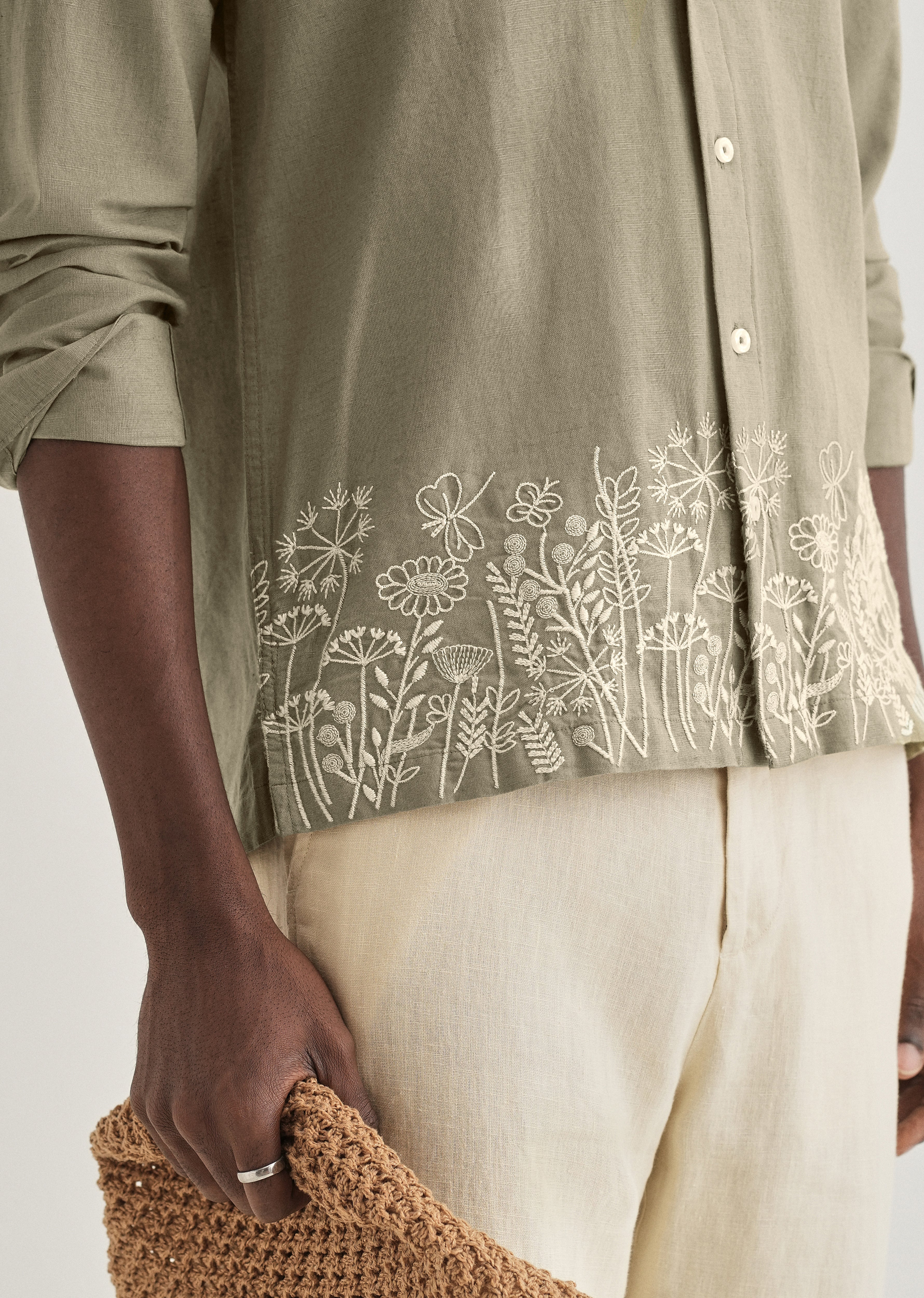 Olive Green Embroidered Cotton Linen Shirt