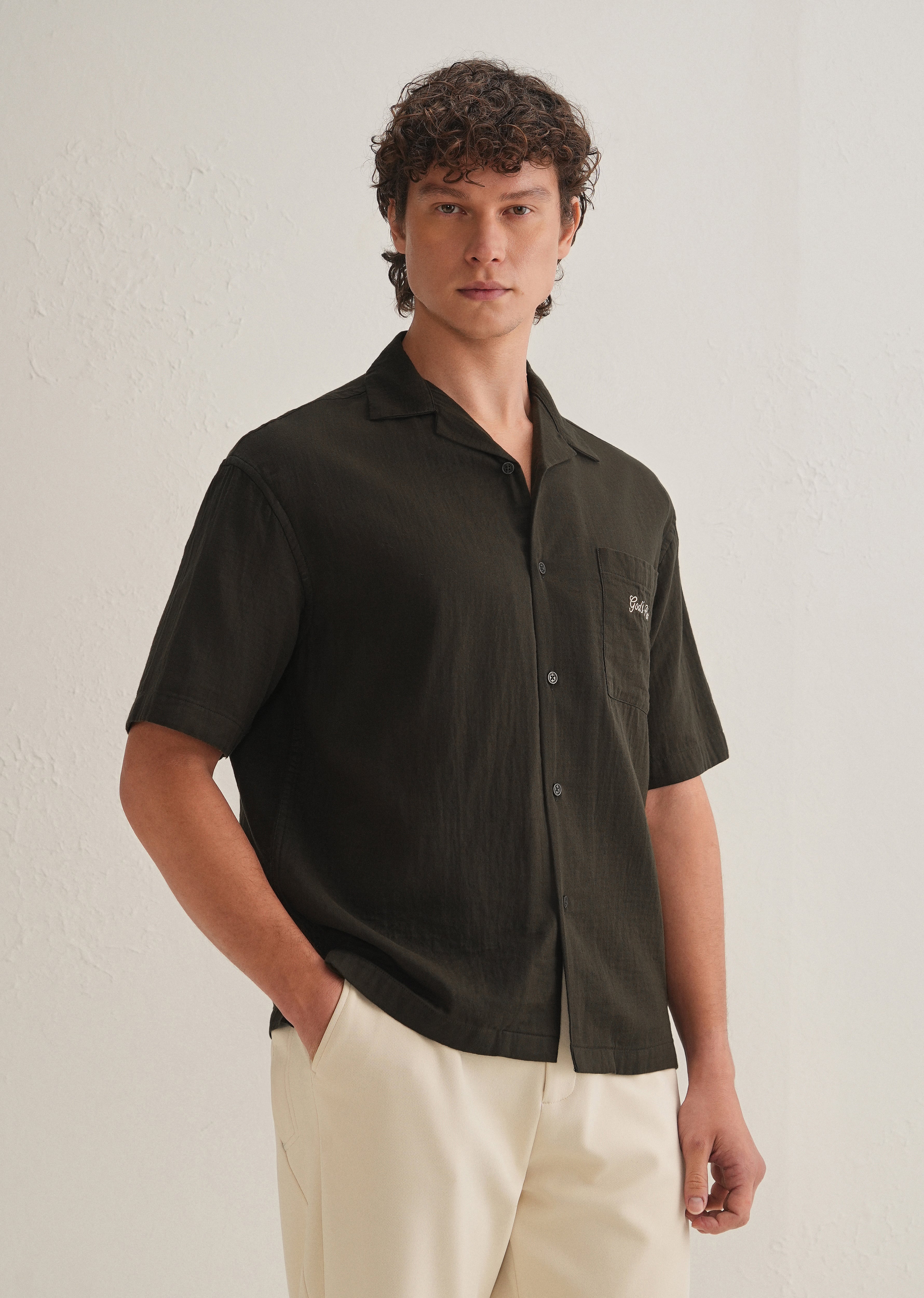 Olive Green Embroidered Double Cloth Cotton Shirt